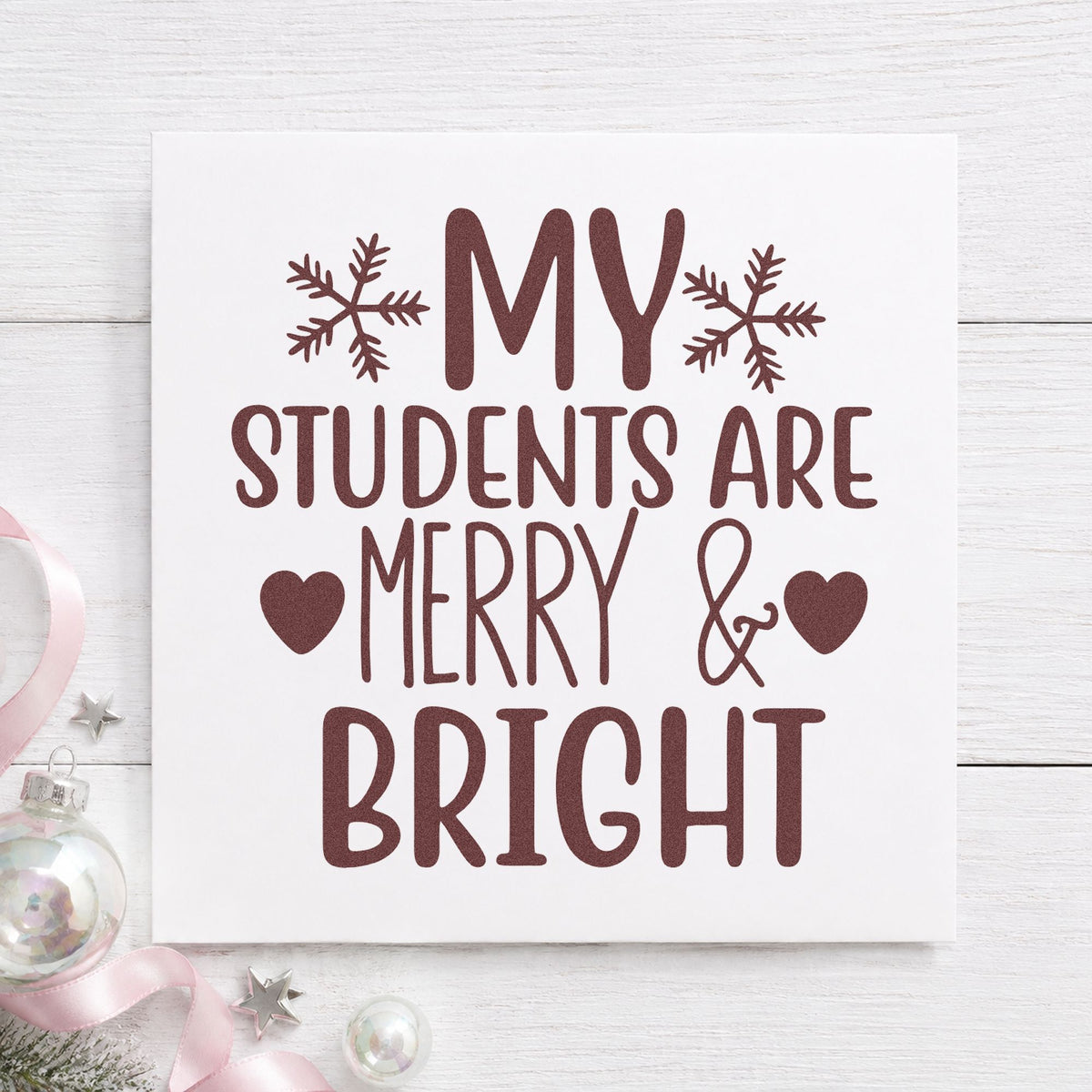 Students Merry And Bright rubber stamp printed in brown ink, ready for progress note sheet and similar paper crafts.
