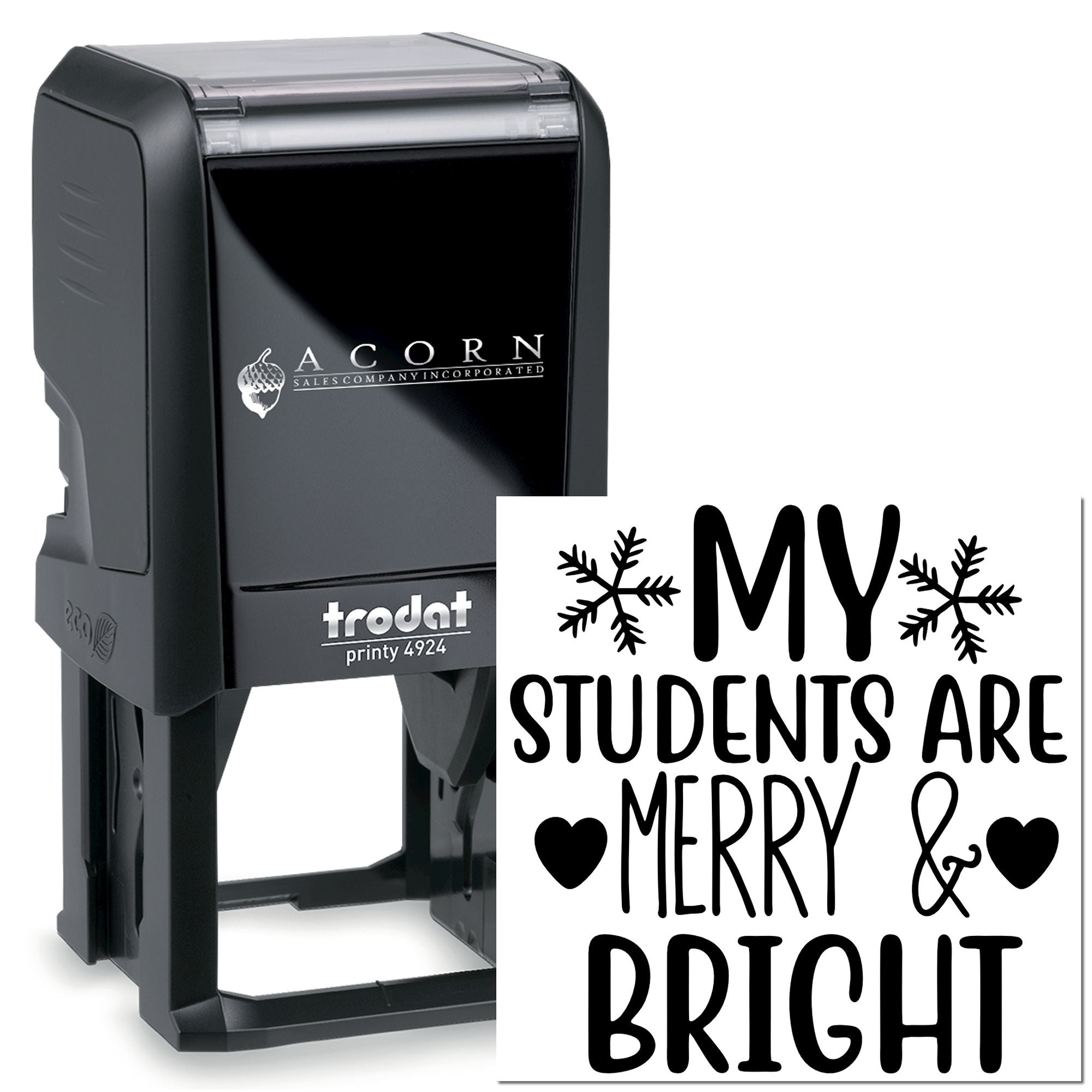Custom self-inking rubber stamp with My Students Are Merry & Bright holiday message for teachers.