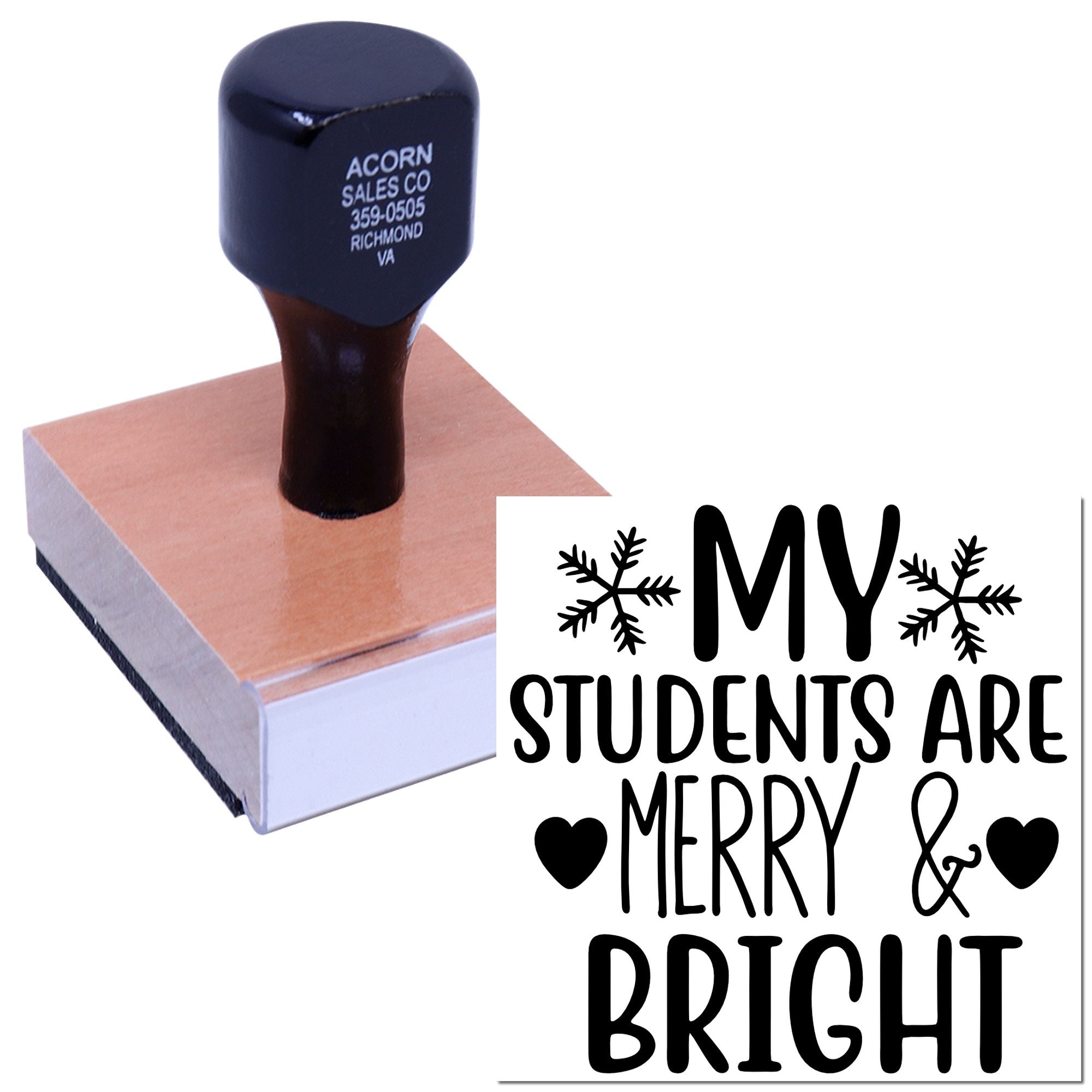 Teacher holiday rubber stamp with "My Students Are Merry & Bright" design for classroom notes, cards, and festive crafts.