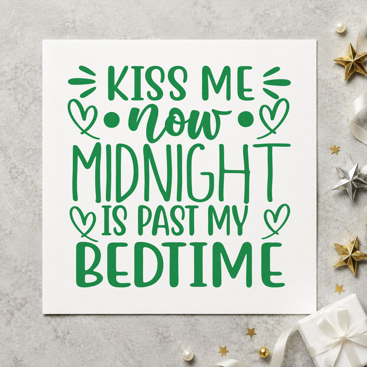 Kiss Me Now Midnight Bedtime craft stamp imprint in green ink on a handmade project, one idea being sleep kit gift tags.