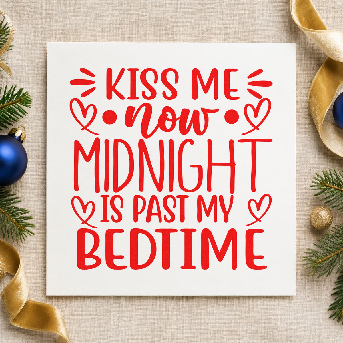 Kiss Me Now Midnight Bedtime rubber stamp shown in red ink, stamped for projects such as tea tin labels.