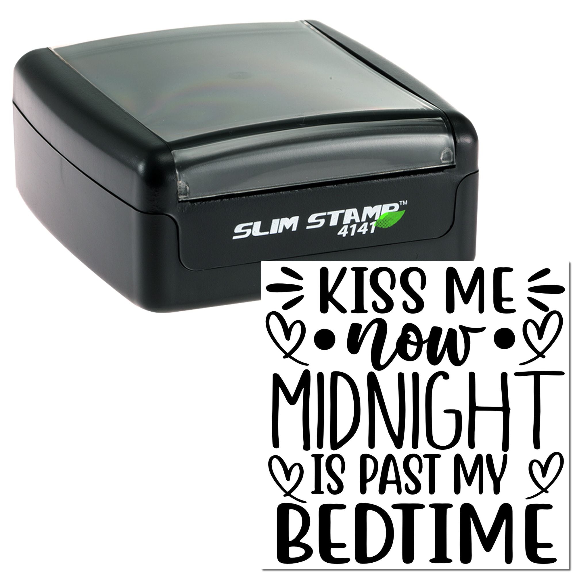 Self-inking rubber stamp with Kiss Me Now, Midnight Is Past My Bedtime quote for custom cards, crafts, and gifts.