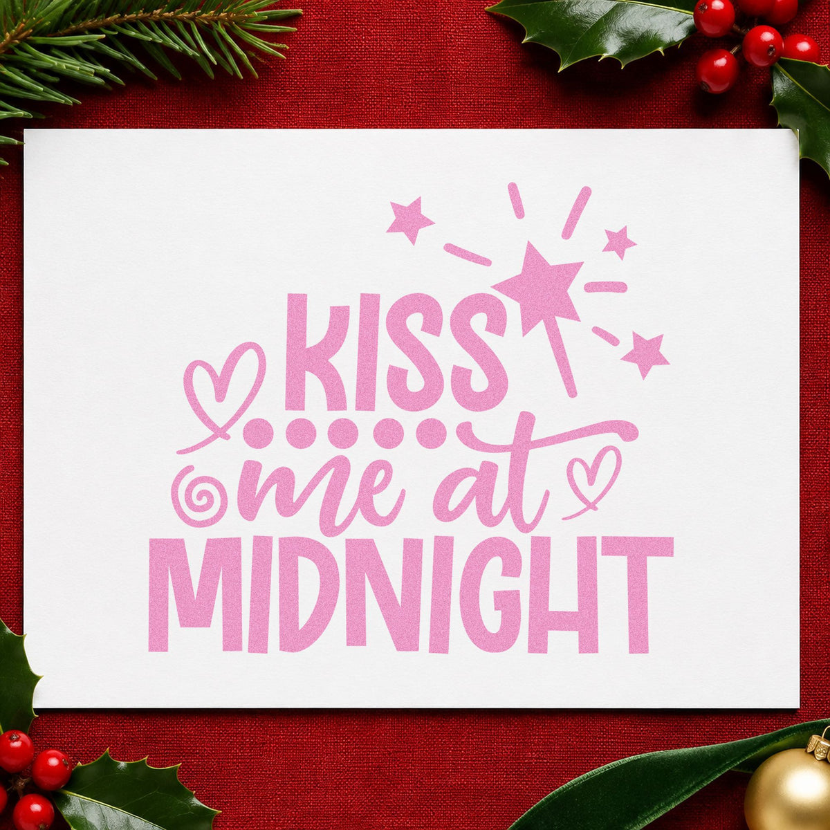 Kiss Me At Midnight craft stamp in purple ink on cardstock, an easy option for confetti album page.