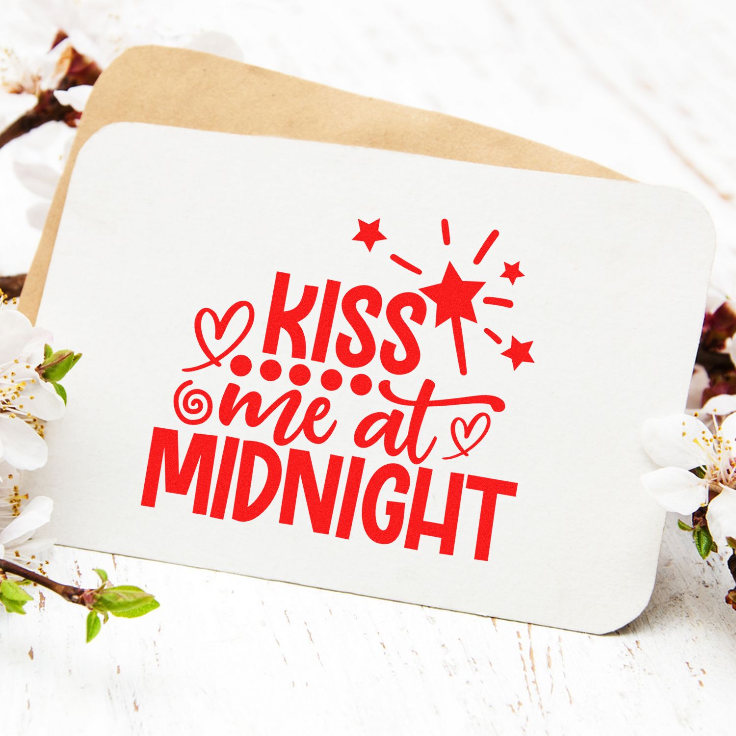 Kiss Me at Midnight rubber stamp design in red, perfect for romantic Valentines Day cards and DIY paper crafting.