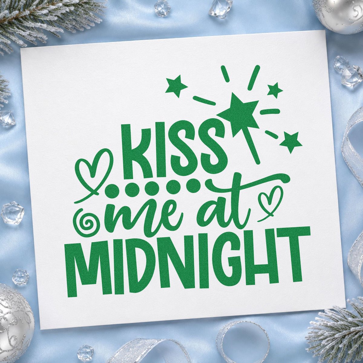 Kiss Me At Midnight craft stamp imprint in green ink on a handmade project, one idea being popper favor tags.