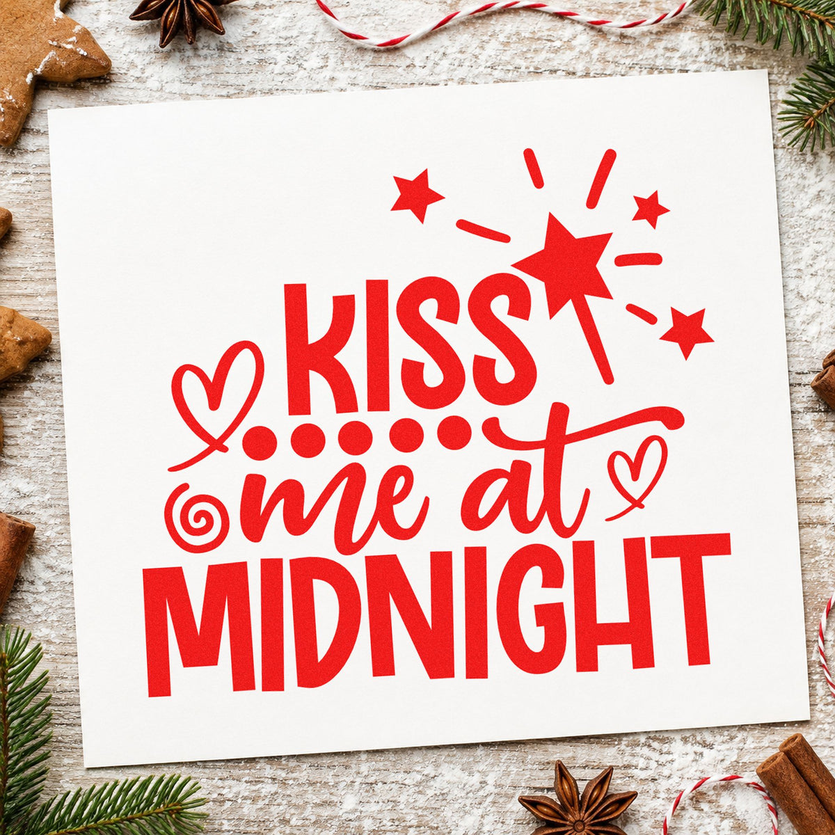 Kiss Me At Midnight rubber stamp shown in red ink, stamped for projects such as bottle chill labels.