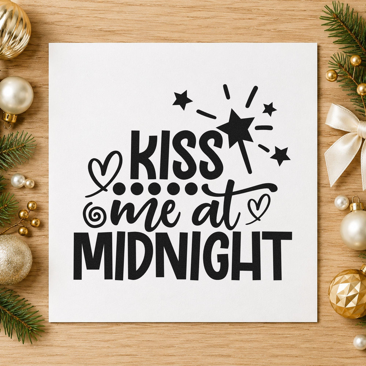 Kiss Me At Midnight rubber stamp printed in black ink, ready for radiating burst cards and similar paper crafts.