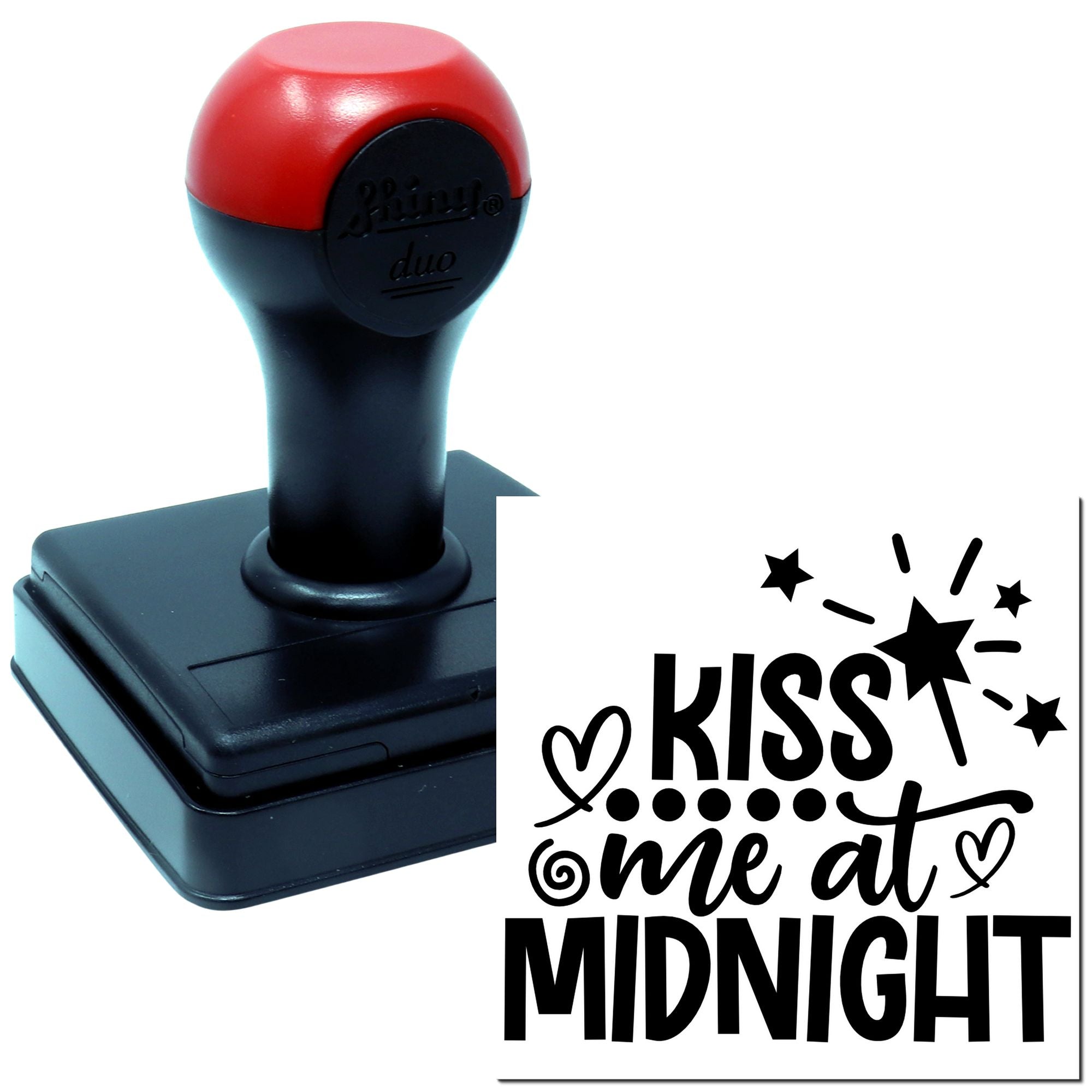 Custom rubber stamp with Kiss Me at Midnight design for Valentines Day cards, crafts, and party favors.