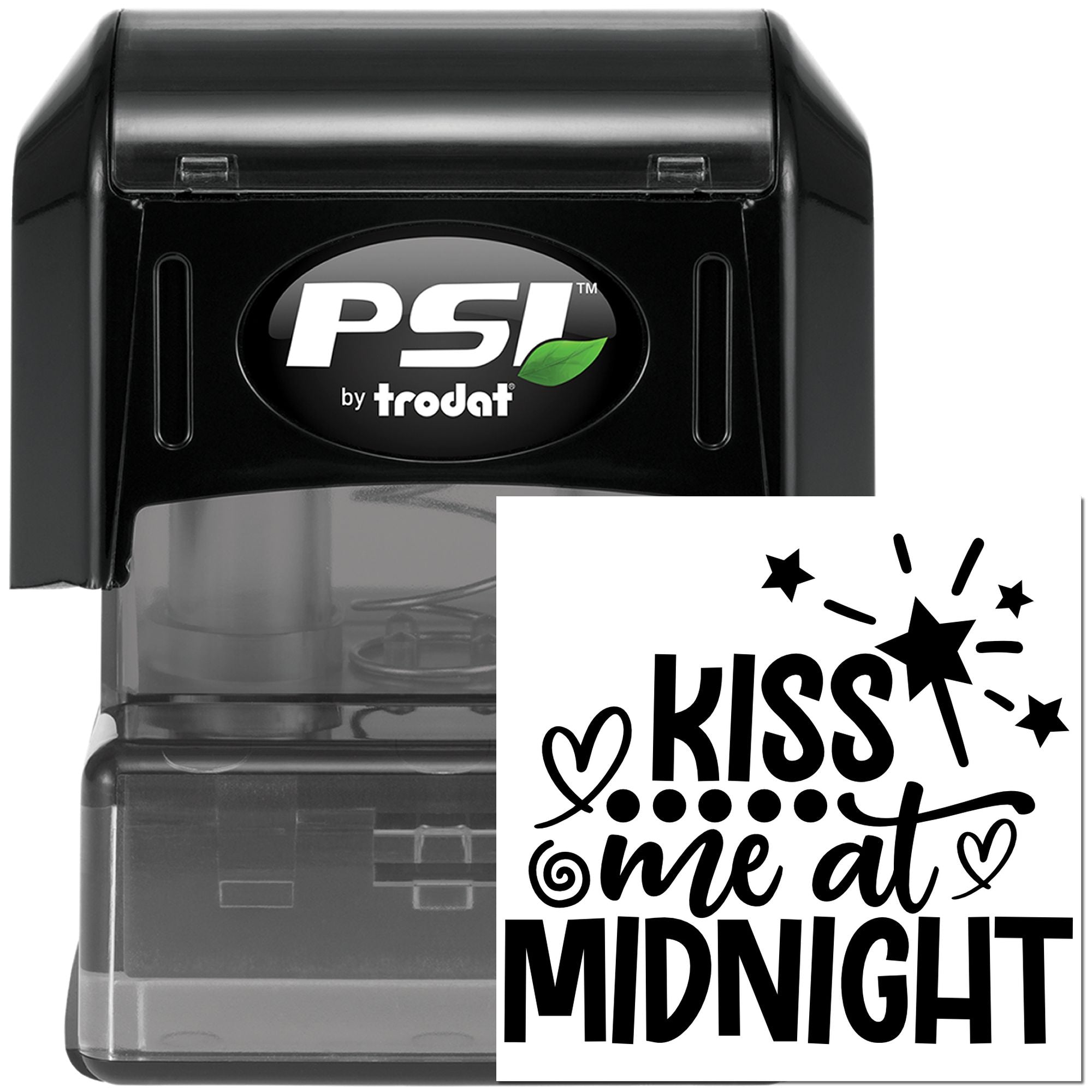 Self-inking rubber stamp with Kiss Me at Midnight design for New Years cards, party favors, and festive craft projects.