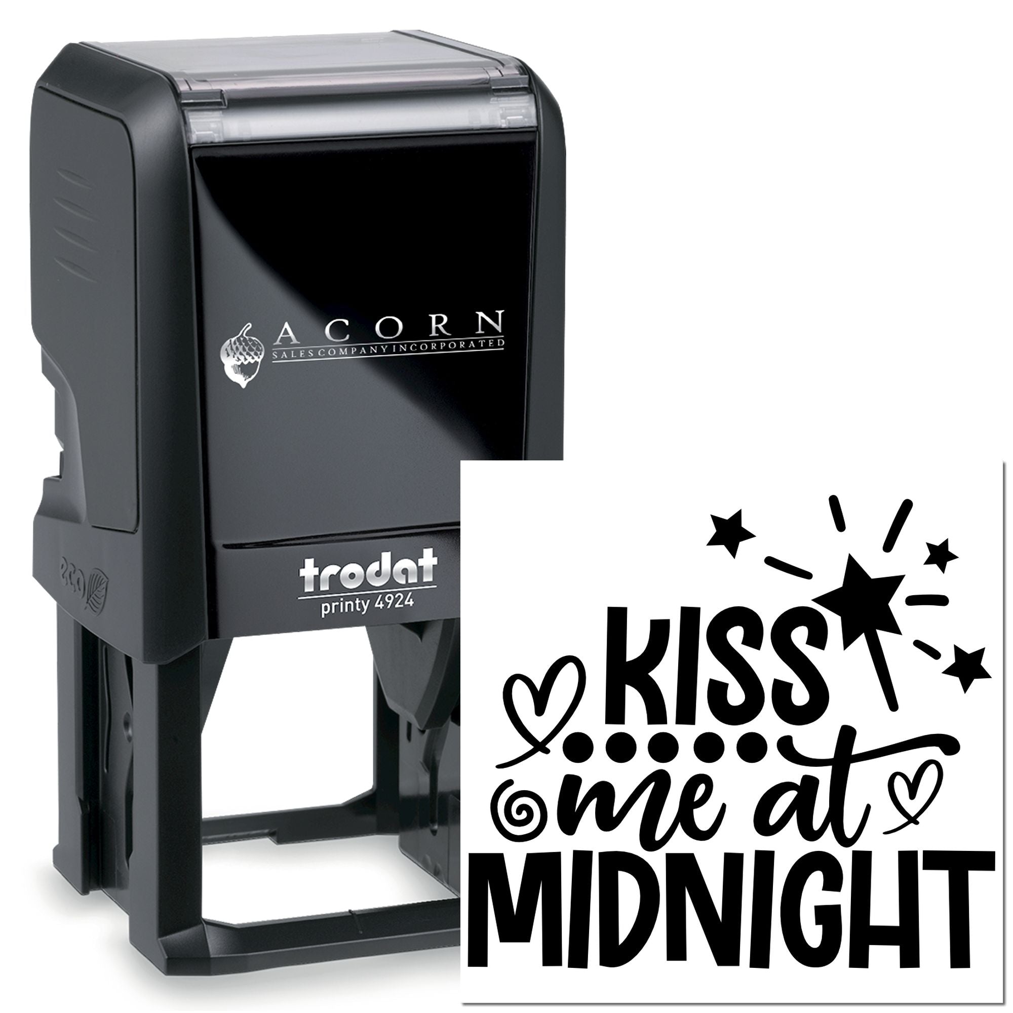 Self-inking rubber stamp with Kiss Me at Midnight message for holiday cards, wedding favors, and event crafting.