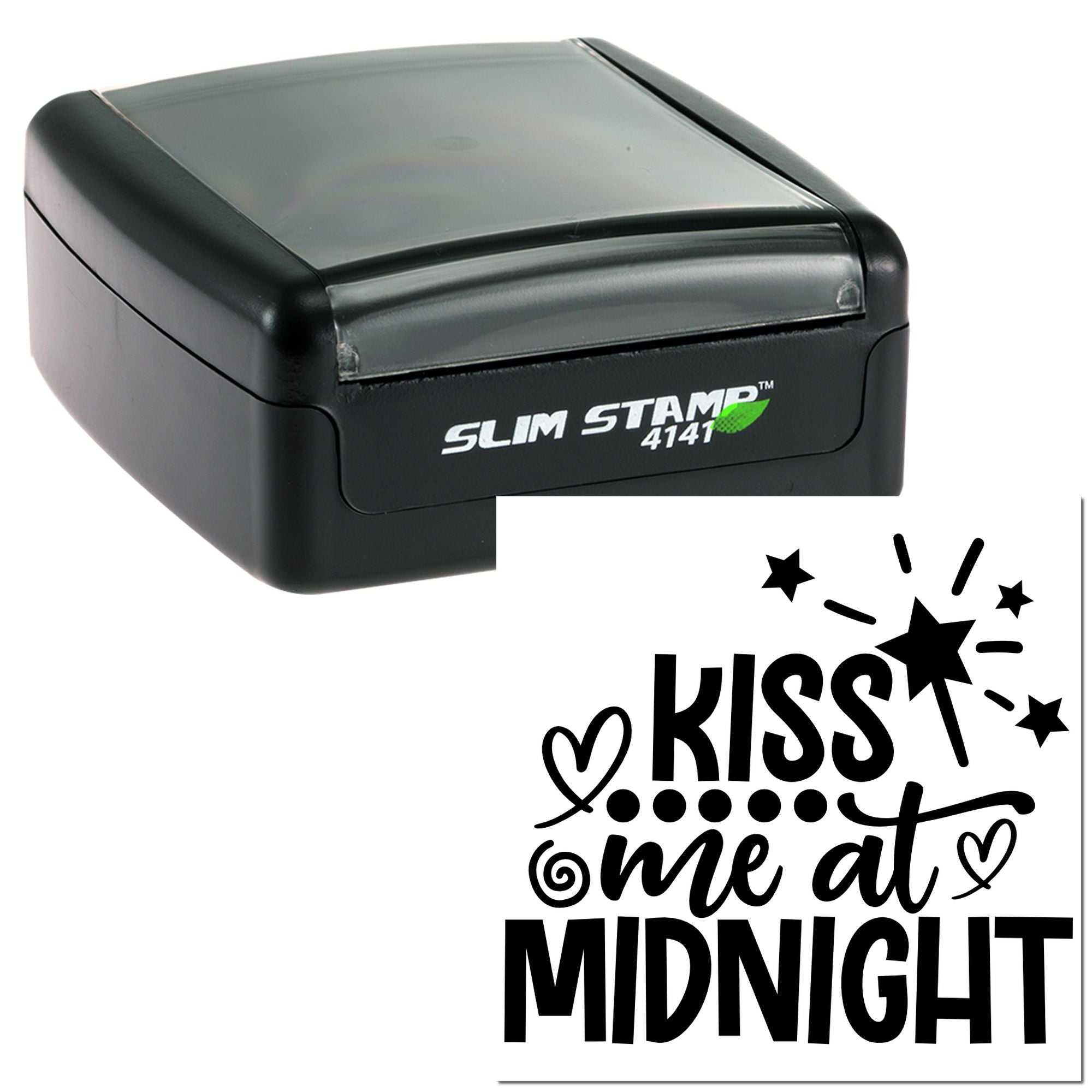 Slim self-inking rubber stamp with Kiss Me at Midnight romantic imprint for wedding favors, cards, and craft projects.