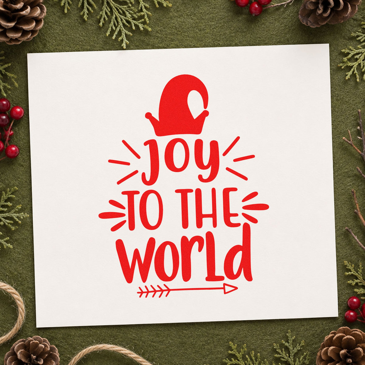 Joy To The World Mitten craft stamp in red ink on cardstock, an easy option for cuff edge printing.