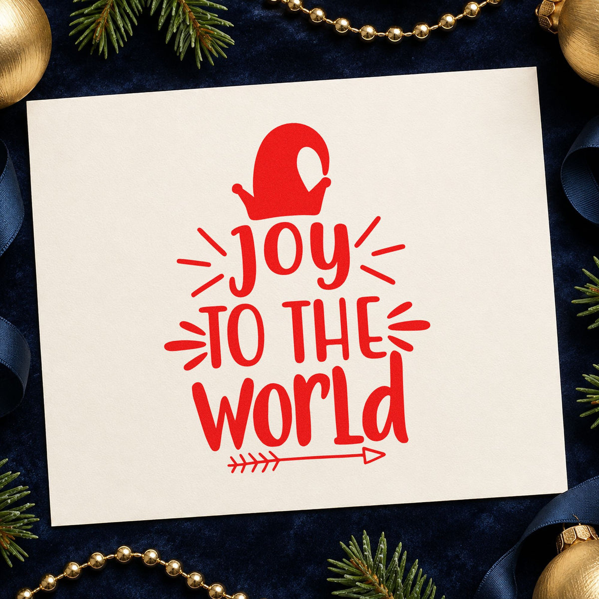 Joy To The World Mitten rubber stamp shown in red ink, stamped for projects such as fiber bin labels.