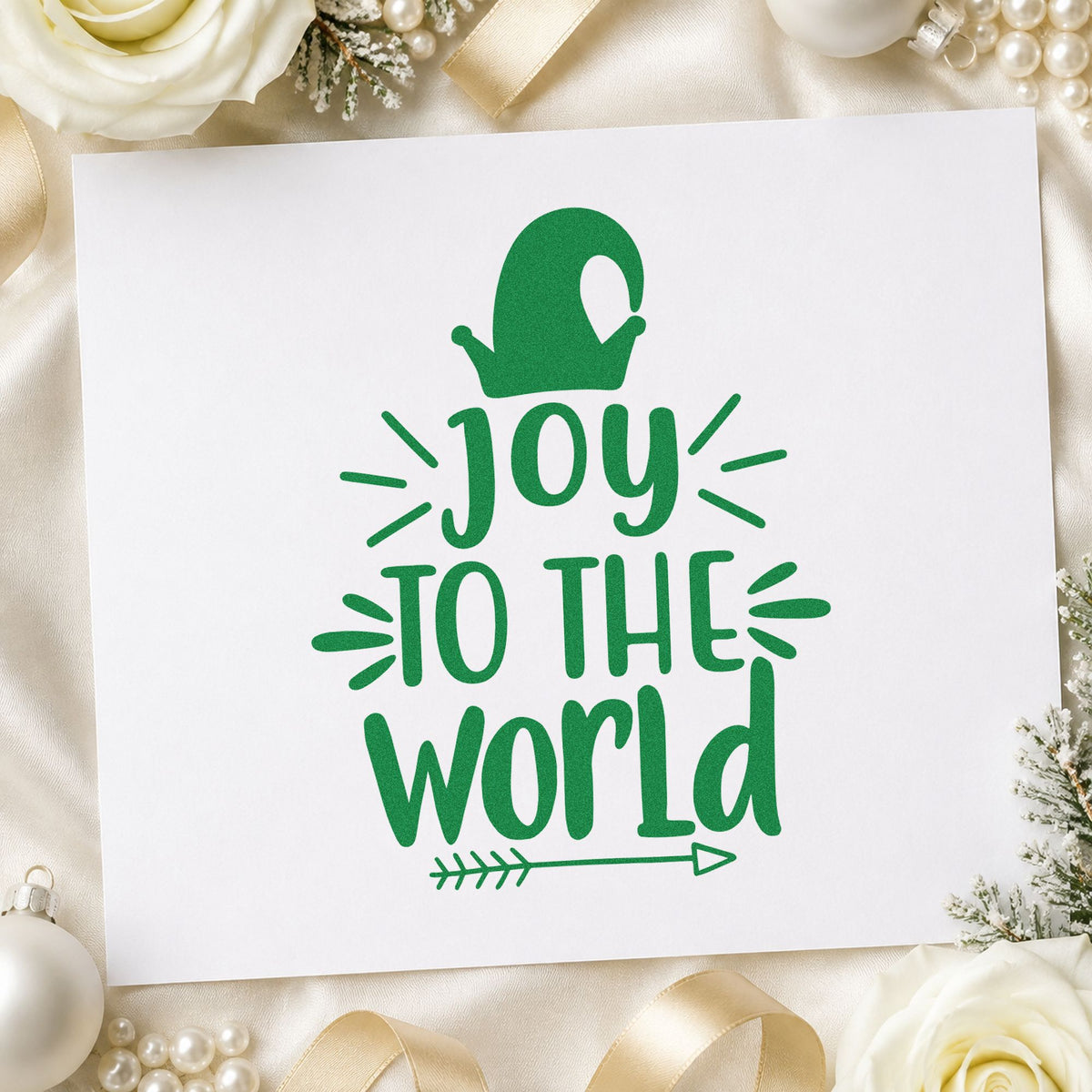 Joy To The World Mitten craft stamp imprint in green ink on a handmade project, one idea being warm drive cards.
