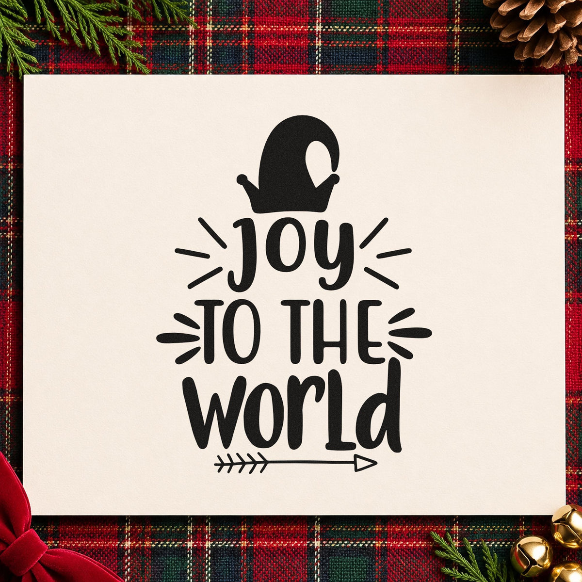 Joy To The World Mitten rubber stamp printed in black ink, ready for mitten above cards and similar paper crafts.
