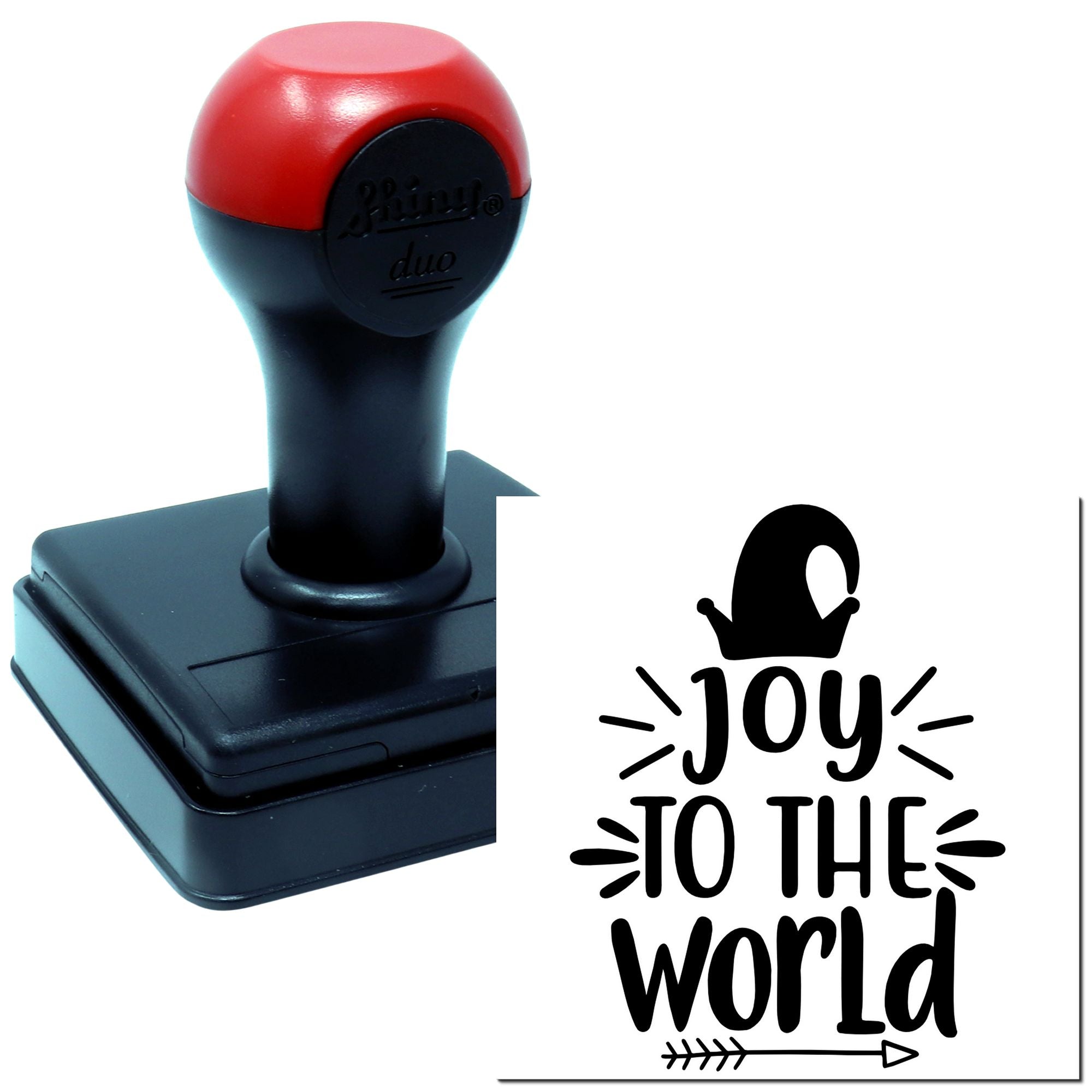 Custom rubber stamp with Joy to the World holiday design, shown with stamped impression for festive card making.