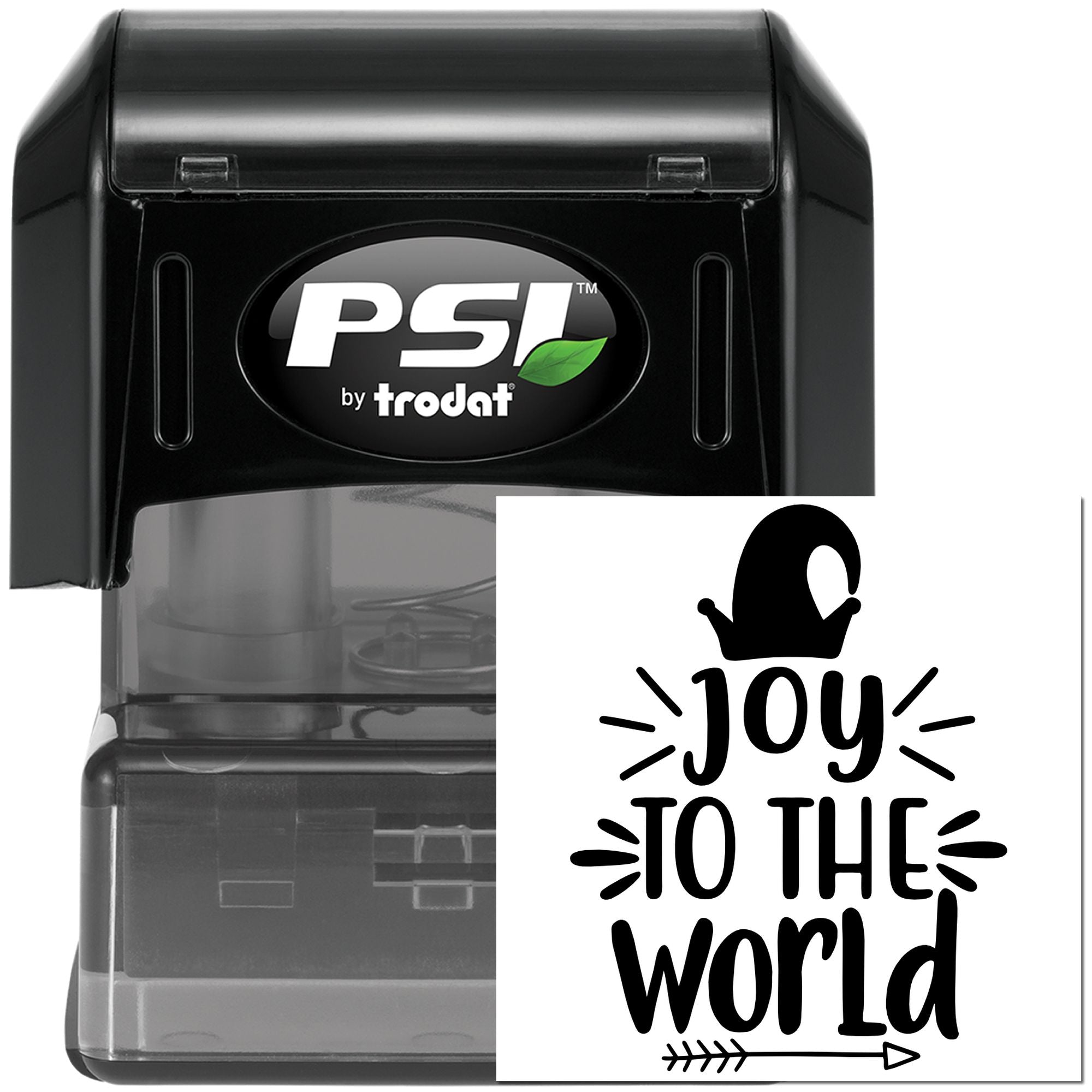 PSI by Trodat self-inking rubber stamp with Joy to the World holiday design for Christmas cards and packaging