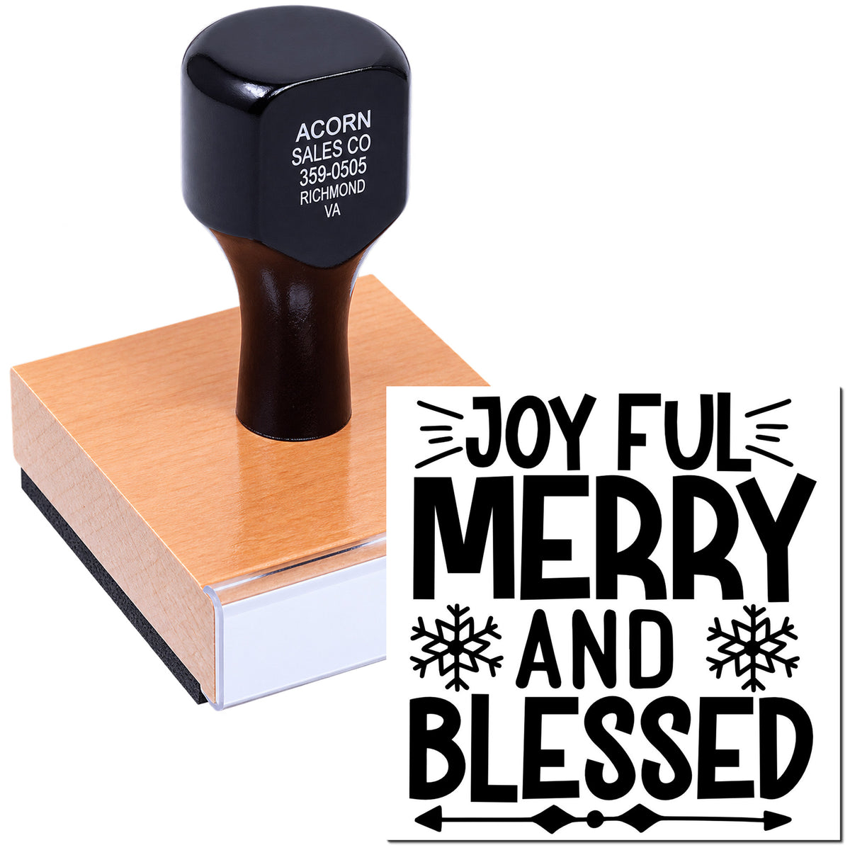 Custom rubber stamp featuring Joyful Merry and Blessed for Christmas cards, holiday crafts, and seasonal packaging.