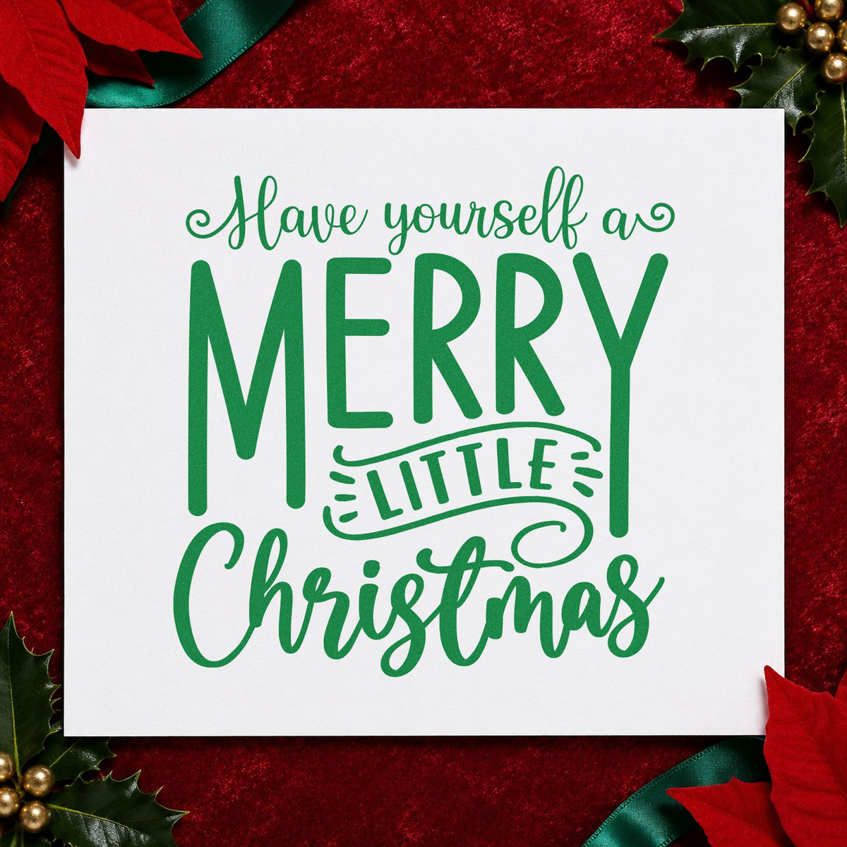 Have Yourself Merry Little Christmas craft stamp imprint in green ink on a handmade project, one idea being record sleeve tags.