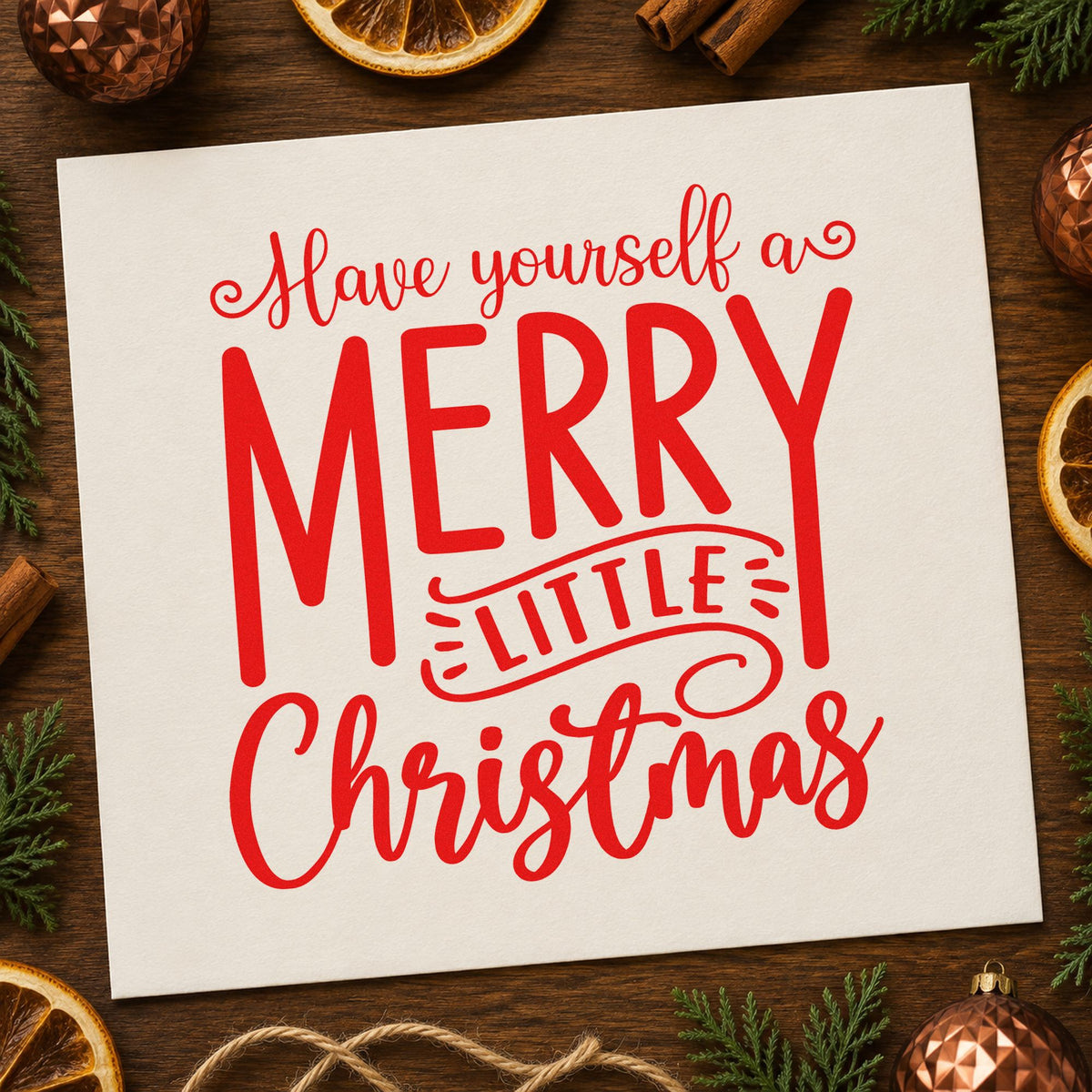 Have Yourself Merry Little Christmas rubber stamp shown in red ink, stamped for projects such as sleeve case labels.