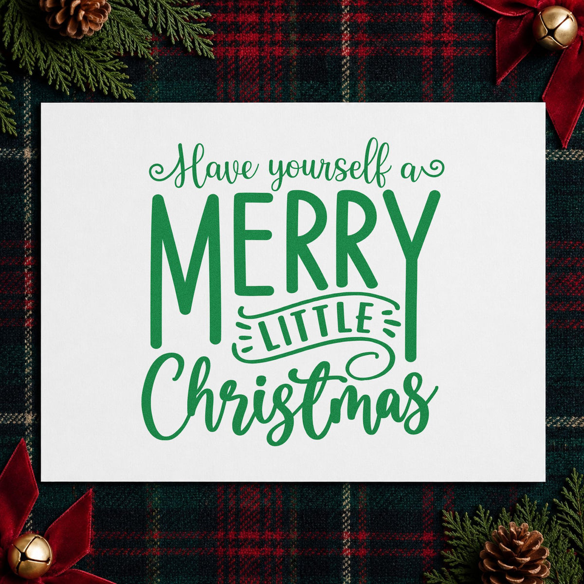 Have Yourself Merry Little Christmas craft stamp imprint in green ink on a handmade project, one idea being supper club cards.