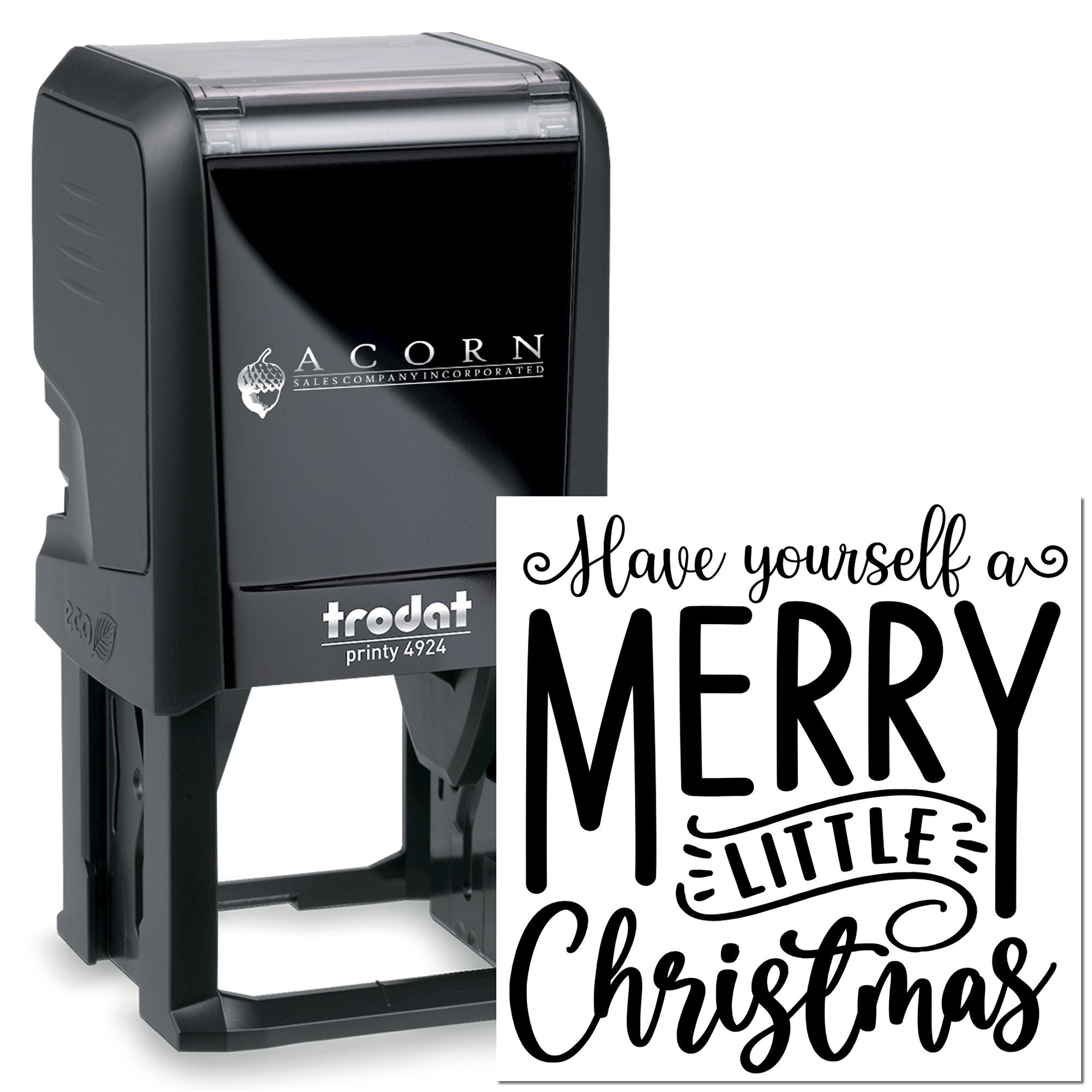 Self-inking rubber stamp with Have Yourself a Merry Little Christmas design for holiday cards, crafts, and festive packaging.