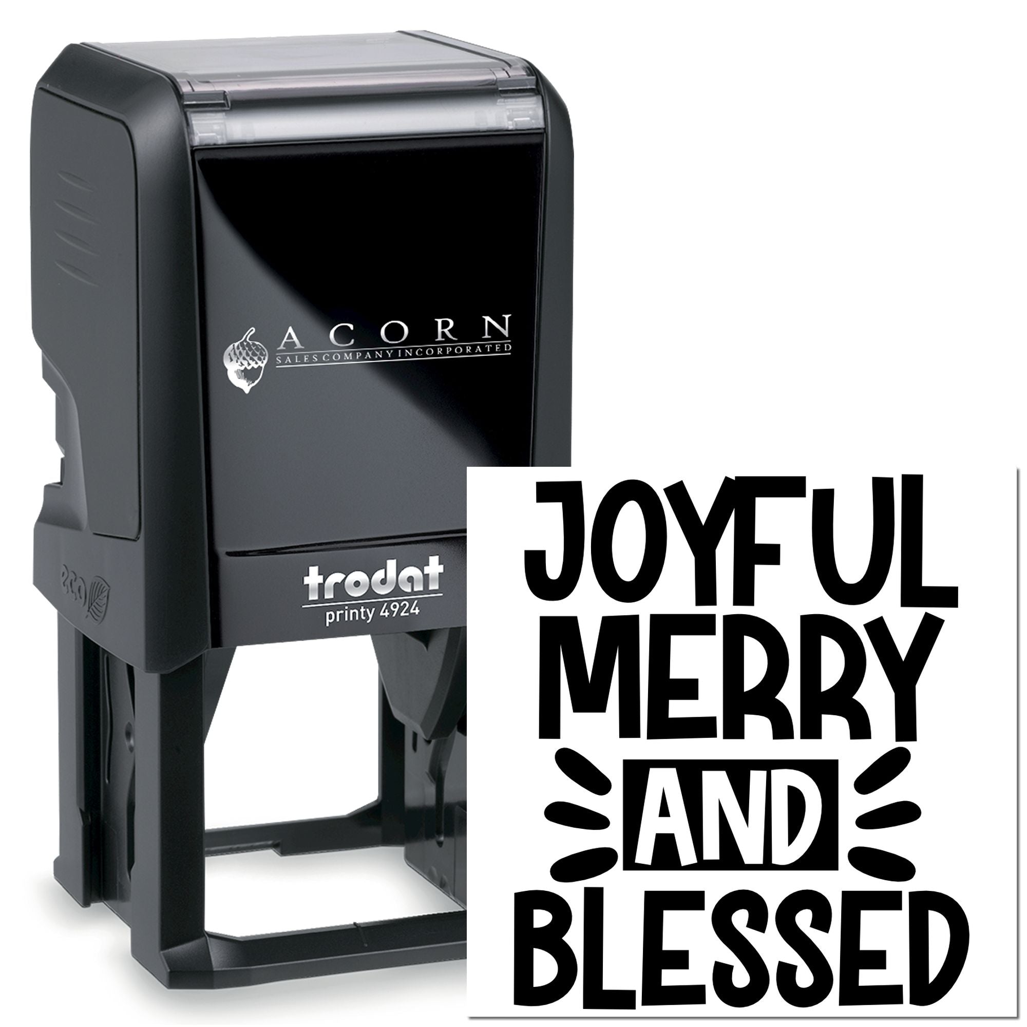Holiday self-inking rubber stamp with Joyful, Merry and Blessed message for cards, gifts, and packaging.