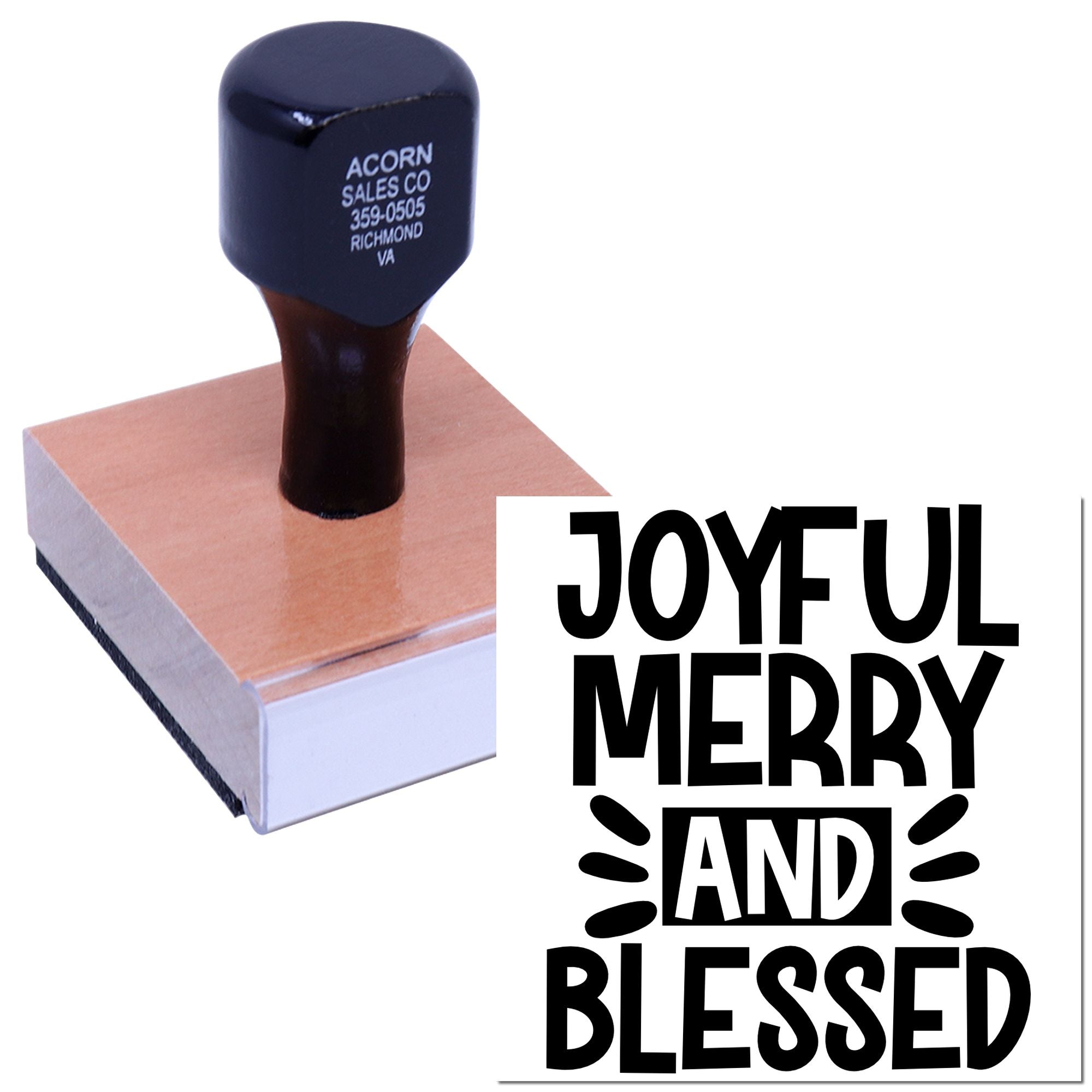 Wood-mounted custom rubber stamp with Joyful Merry and Blessed holiday greeting for cards, crafts, and gift tags.