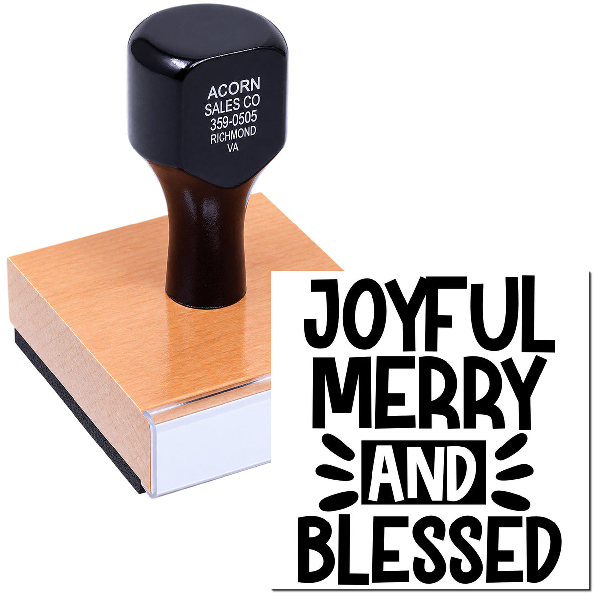 Wood-mounted custom rubber stamp with Joyful Merry and Blessed holiday greeting for cards, crafts, and gift tags.