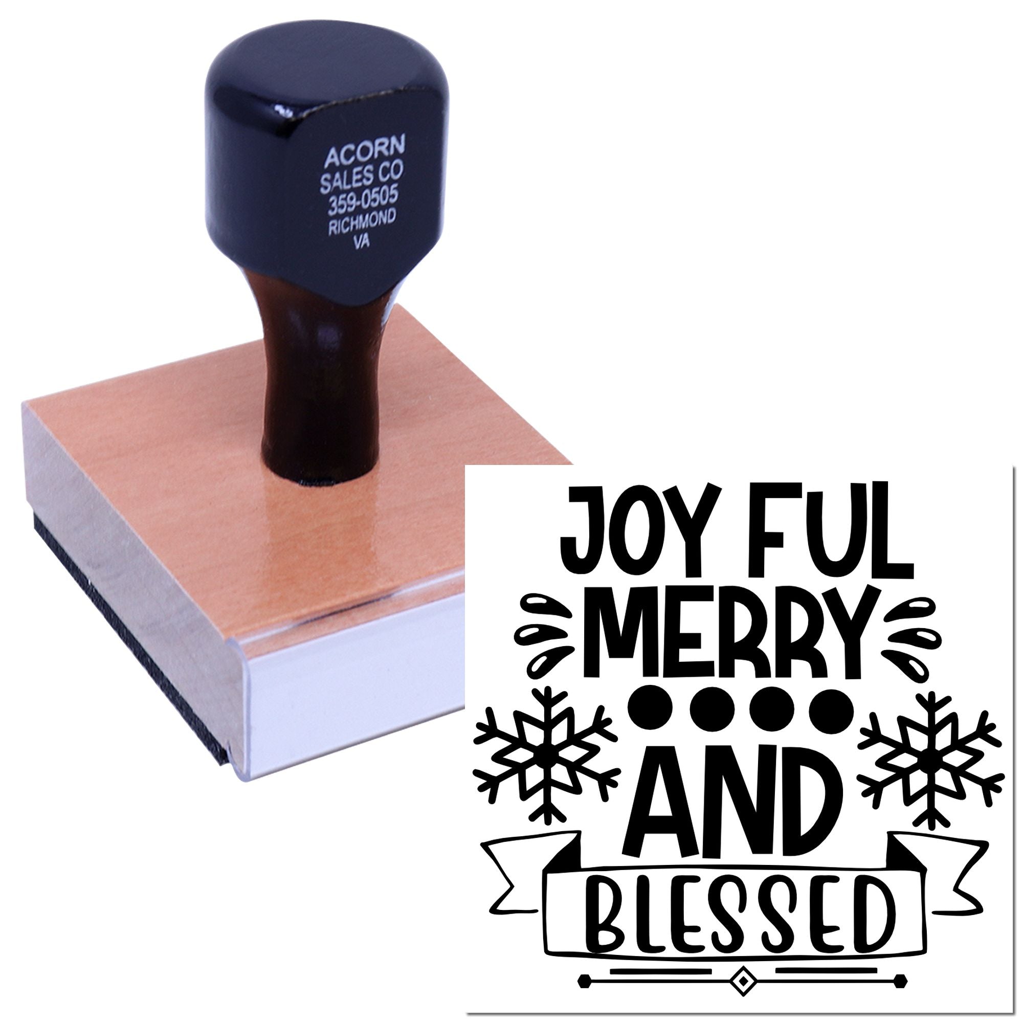 Christmas rubber stamp with Joyful Merry and Blessed holiday design and snowflakes for handmade cards and crafts.