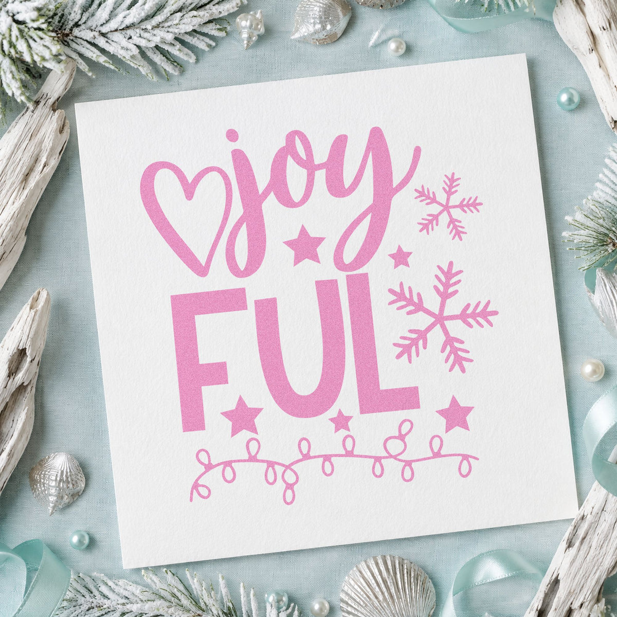 Joyful Snowflakes And Lights craft stamp in purple ink on cardstock, an easy option for light display album.