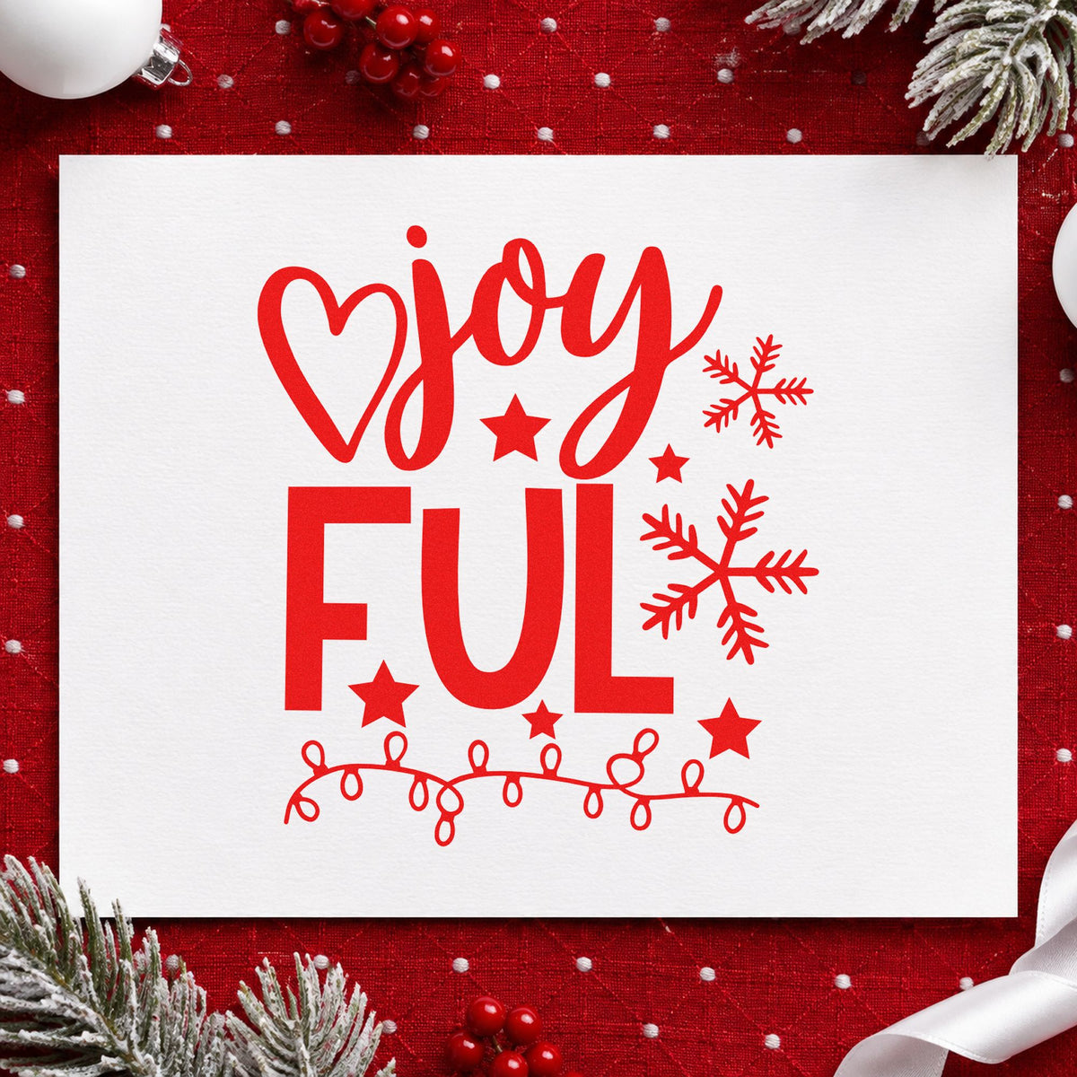Joyful Snowflakes And Lights craft stamp in red ink on cardstock, an easy option for garland band printing.
