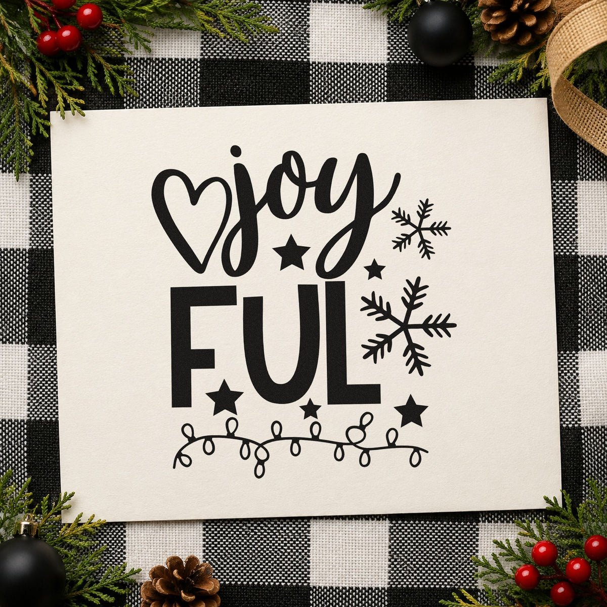 Joyful Snowflakes And Lights rubber stamp printed in black ink, ready for split word lights cards and similar paper crafts.