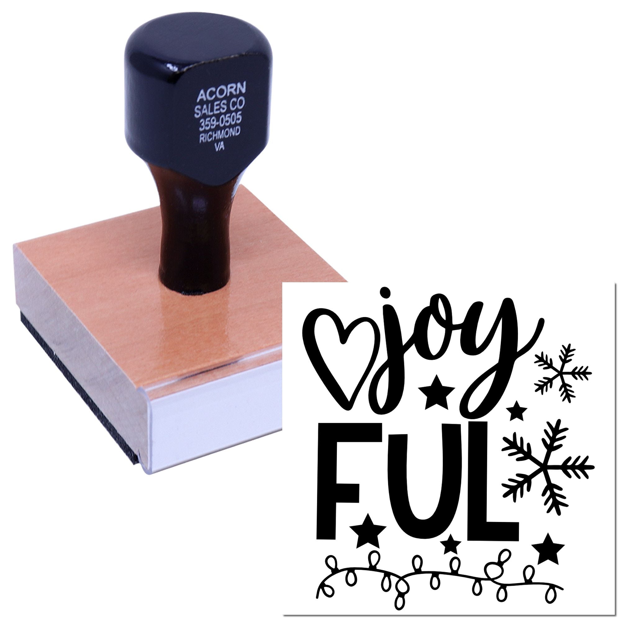 Mounted custom rubber stamp with joyful holiday design for Christmas cards, gift tags and festive craft projects.