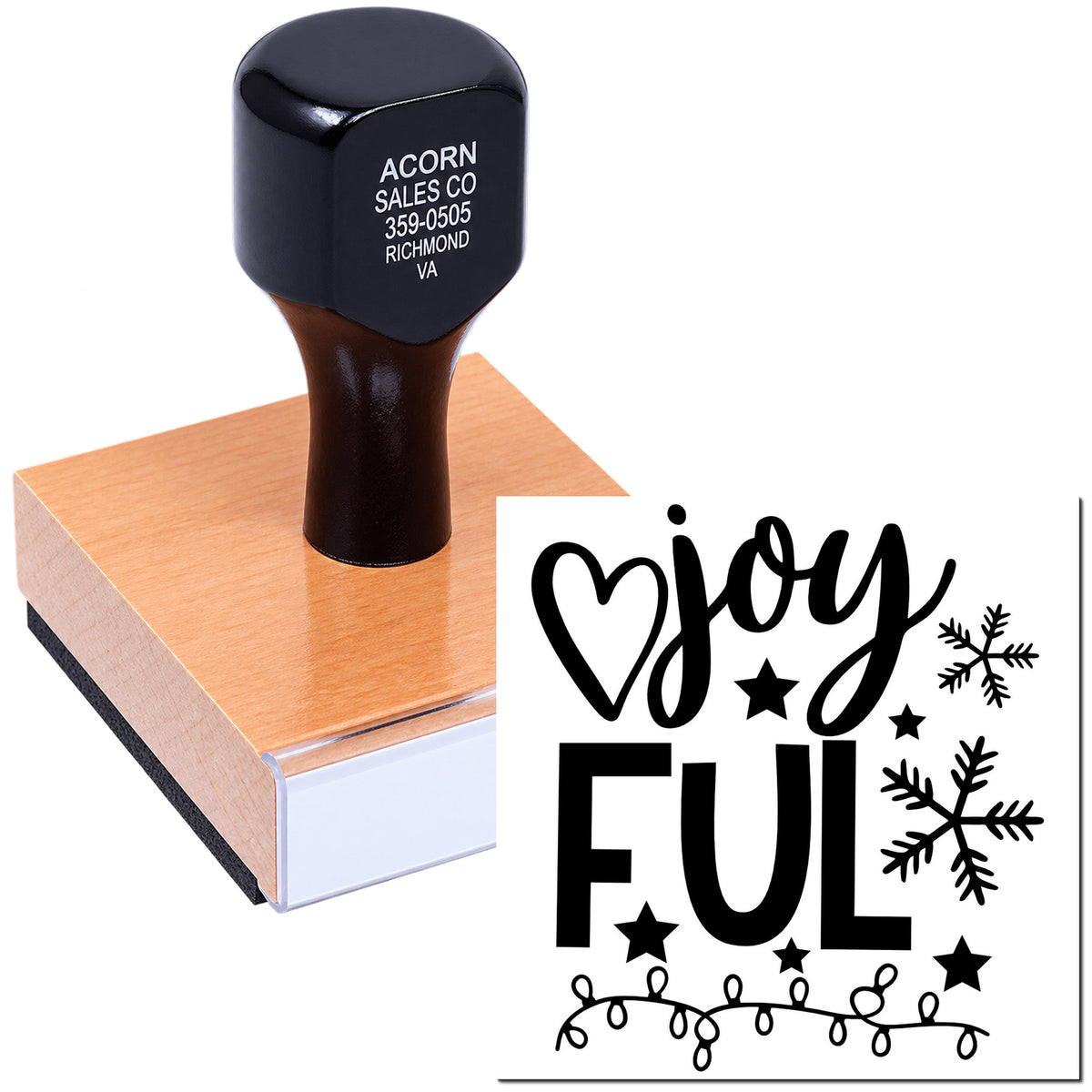 Mounted custom rubber stamp with joyful holiday design for Christmas cards, gift tags and festive craft projects.