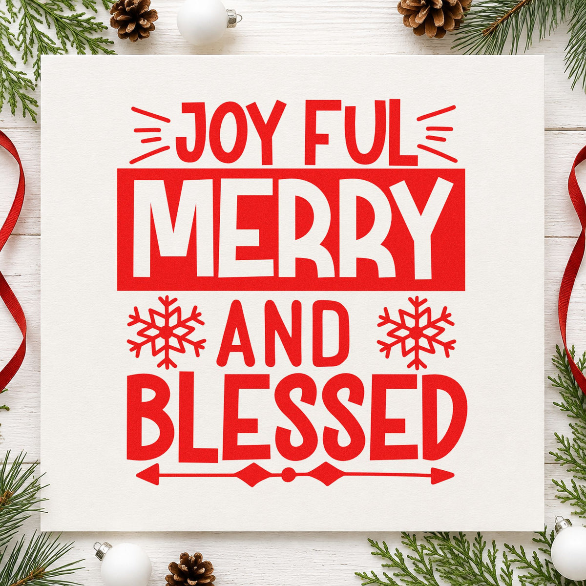 Joyful Merry Blessed Box rubber stamp shown in red ink, stamped for projects such as boxed bin labels.