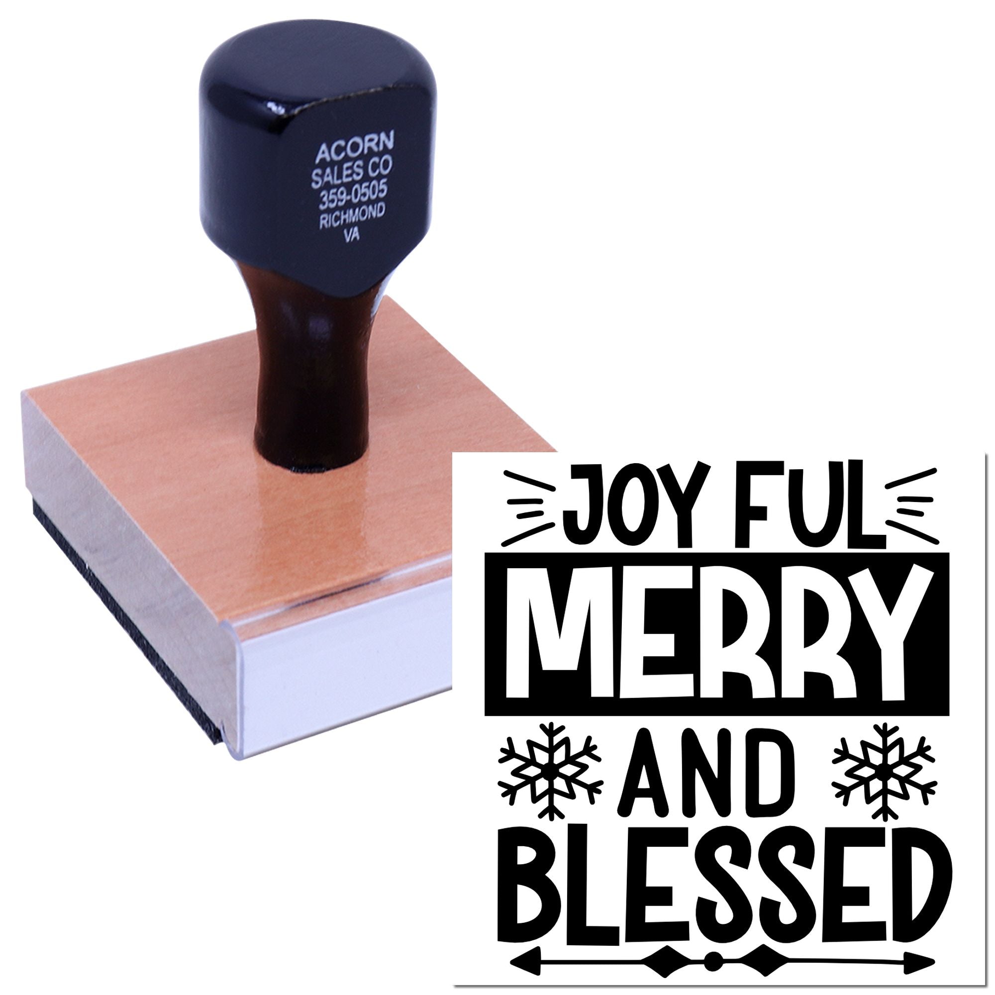 Holiday rubber stamp with Joyful Merry and Blessed design for Christmas cards, scrapbooking, and festive crafts.