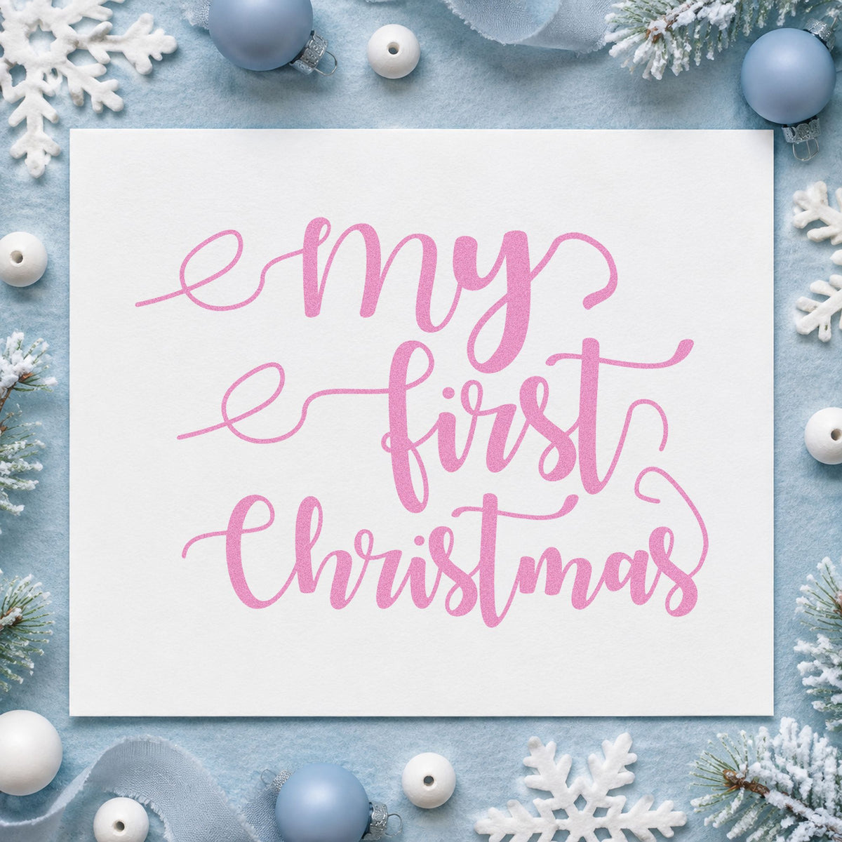 My First Christmas Script craft stamp in purple ink on cardstock, an easy option for keepsake album plate.