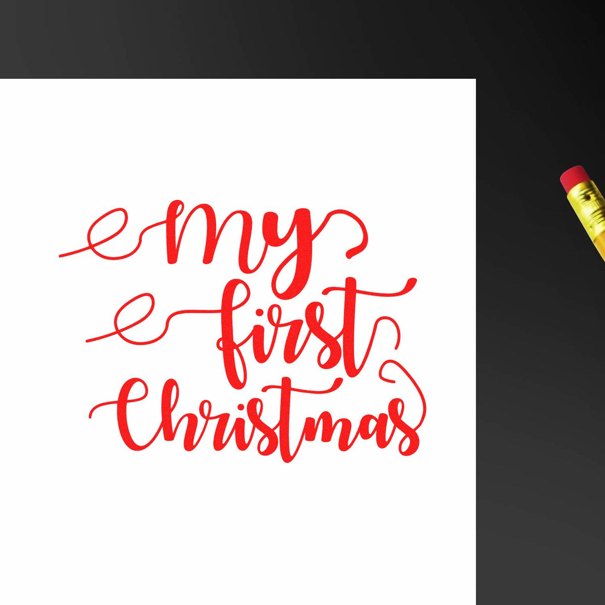 My First Christmas Script rubber stamp shown in red ink, stamped for projects such as keepsake album plate.