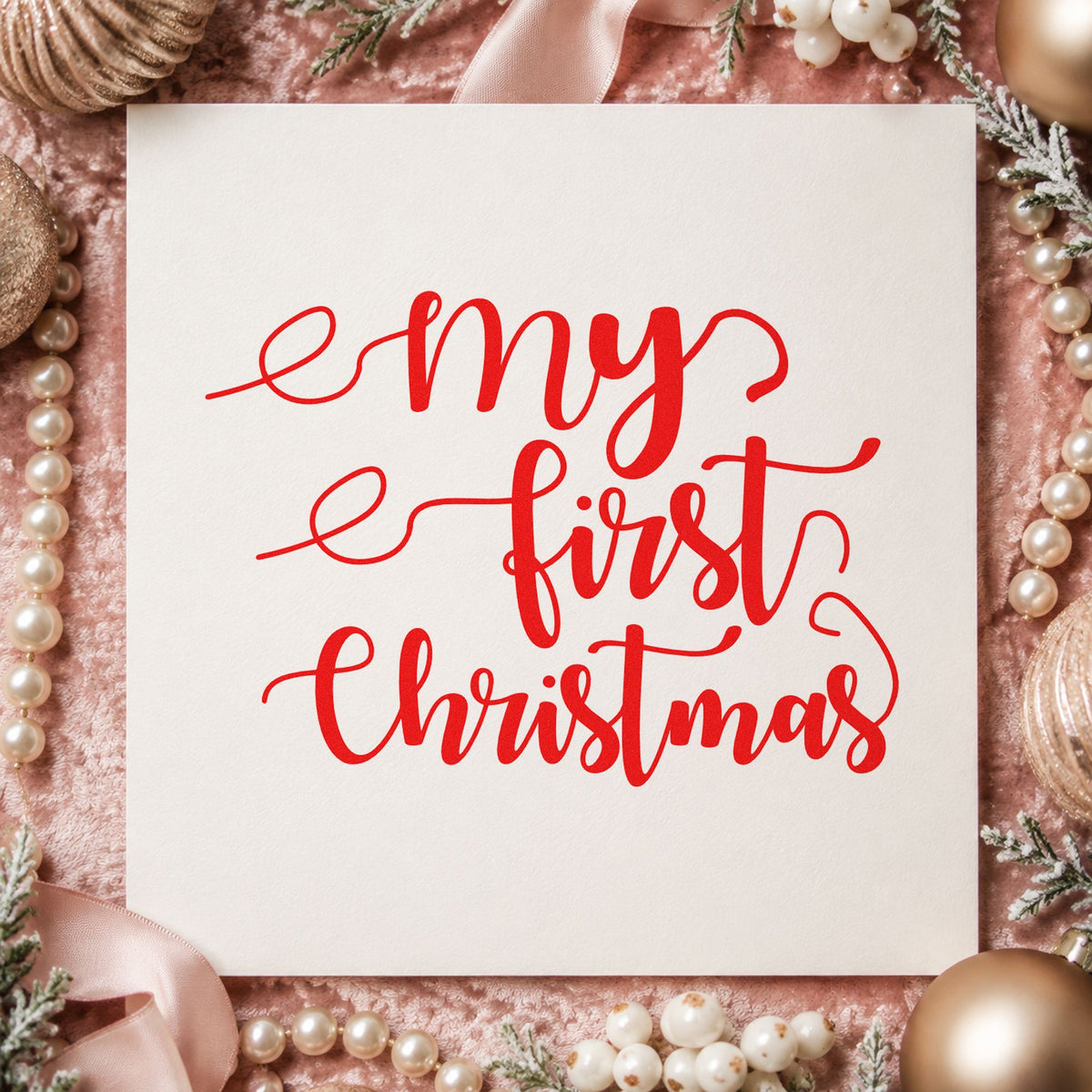 My First Christmas Script rubber stamp shown in red ink, stamped for projects such as memory box labels.