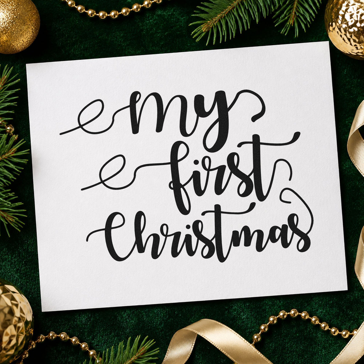 My First Christmas Script rubber stamp printed in black ink, ready for long flourish cards and similar paper crafts.