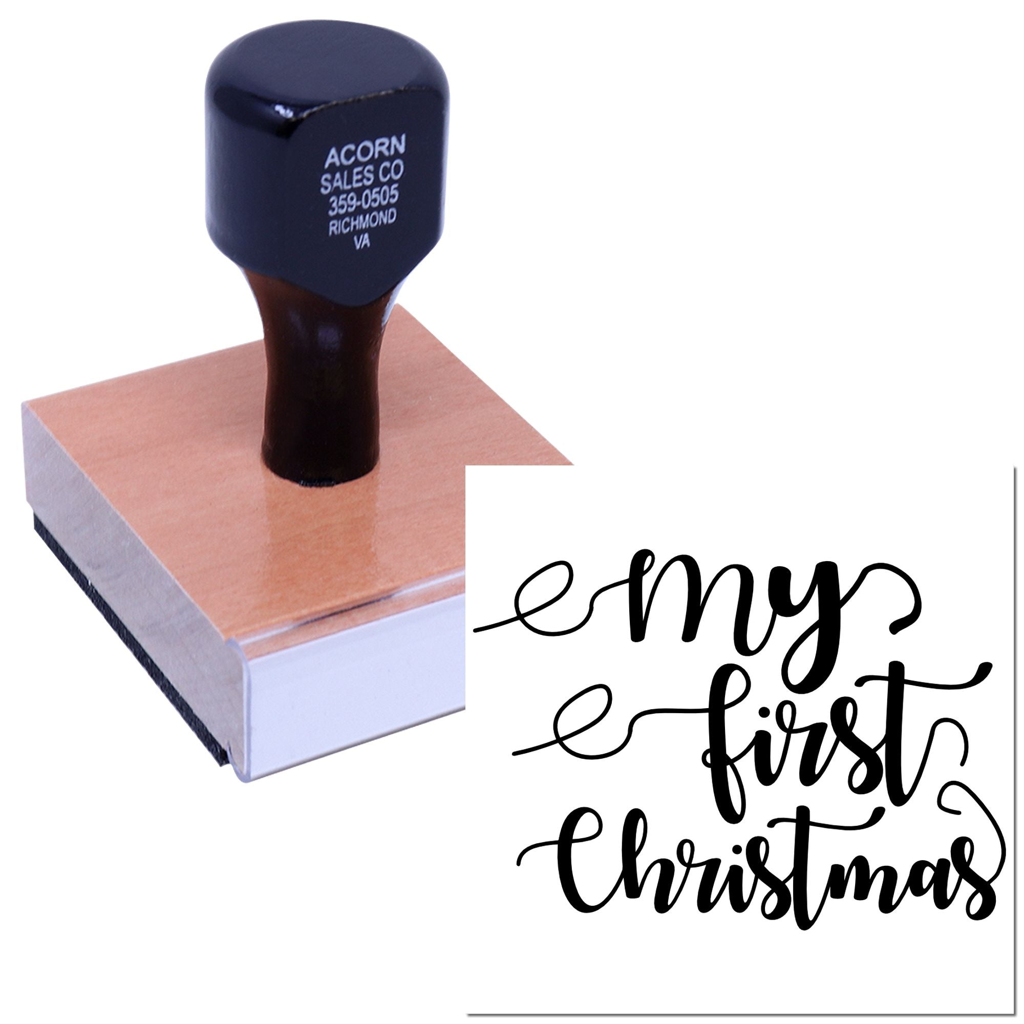 Custom rubber stamp with My First Christmas calligraphy for holiday cards, baby keepsakes, and festive gift tags.