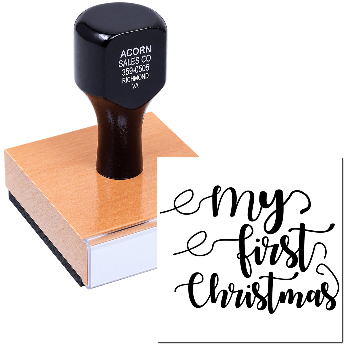 Custom rubber stamp with My First Christmas calligraphy for holiday cards, baby keepsakes, and festive gift tags.