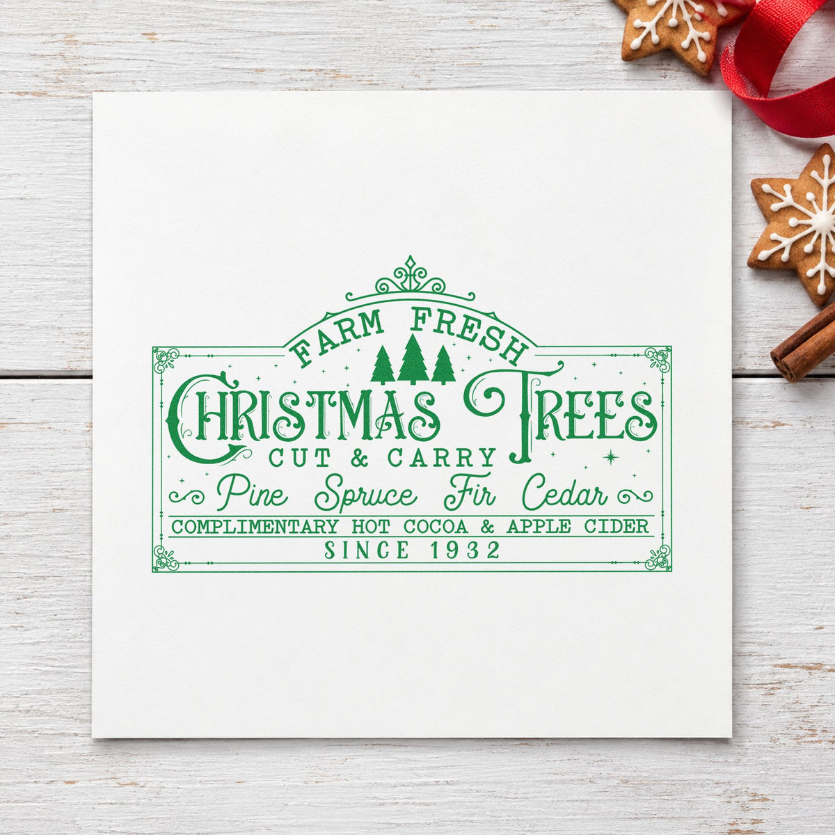 Farm Fresh Christmas Trees Sign craft stamp imprint in green ink on a handmade project, one idea being variety price tags.