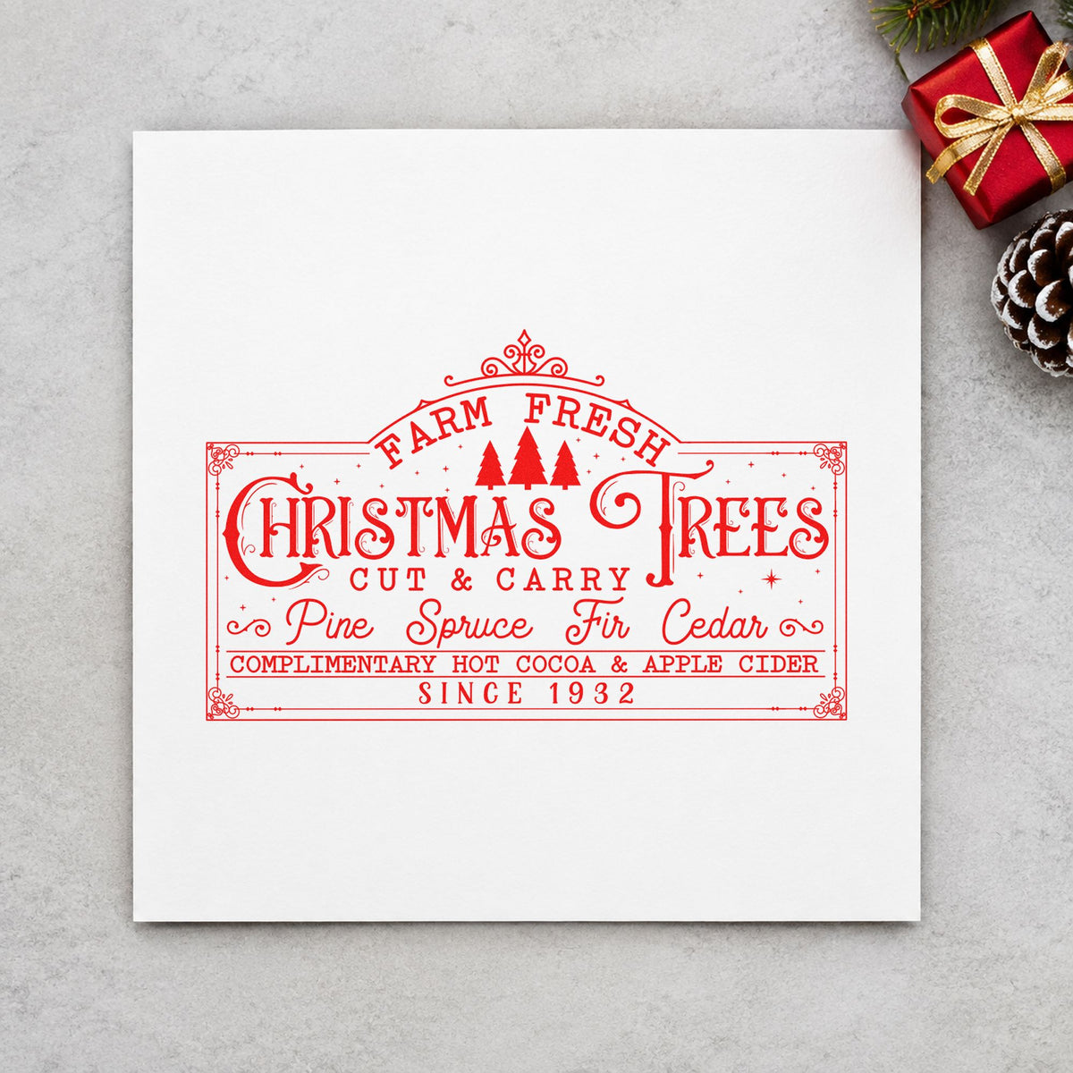 Farm Fresh Christmas Trees Sign craft stamp in red ink on cardstock, an easy option for canvas sign printing.