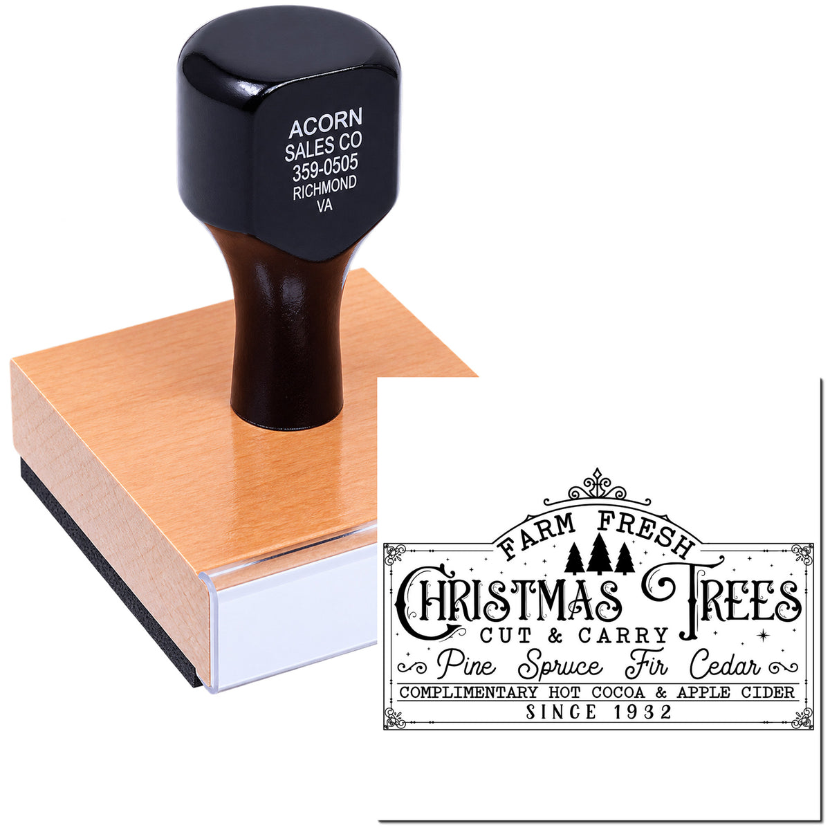 Custom rubber stamp featuring Farm Fresh Christmas Trees design for holiday signage and packaging