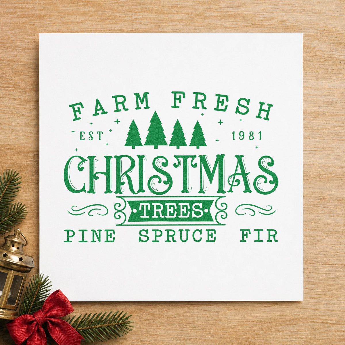 Farm Fresh Trees Est 1981 craft stamp imprint in green ink on a handmade project, one idea being heritage price tags.