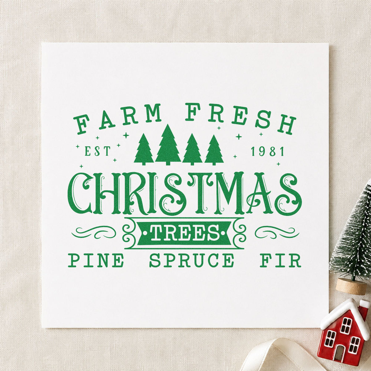 Farm Fresh Trees Est 1981 craft stamp imprinted in green ink on paper, a design suited to framed office wall.