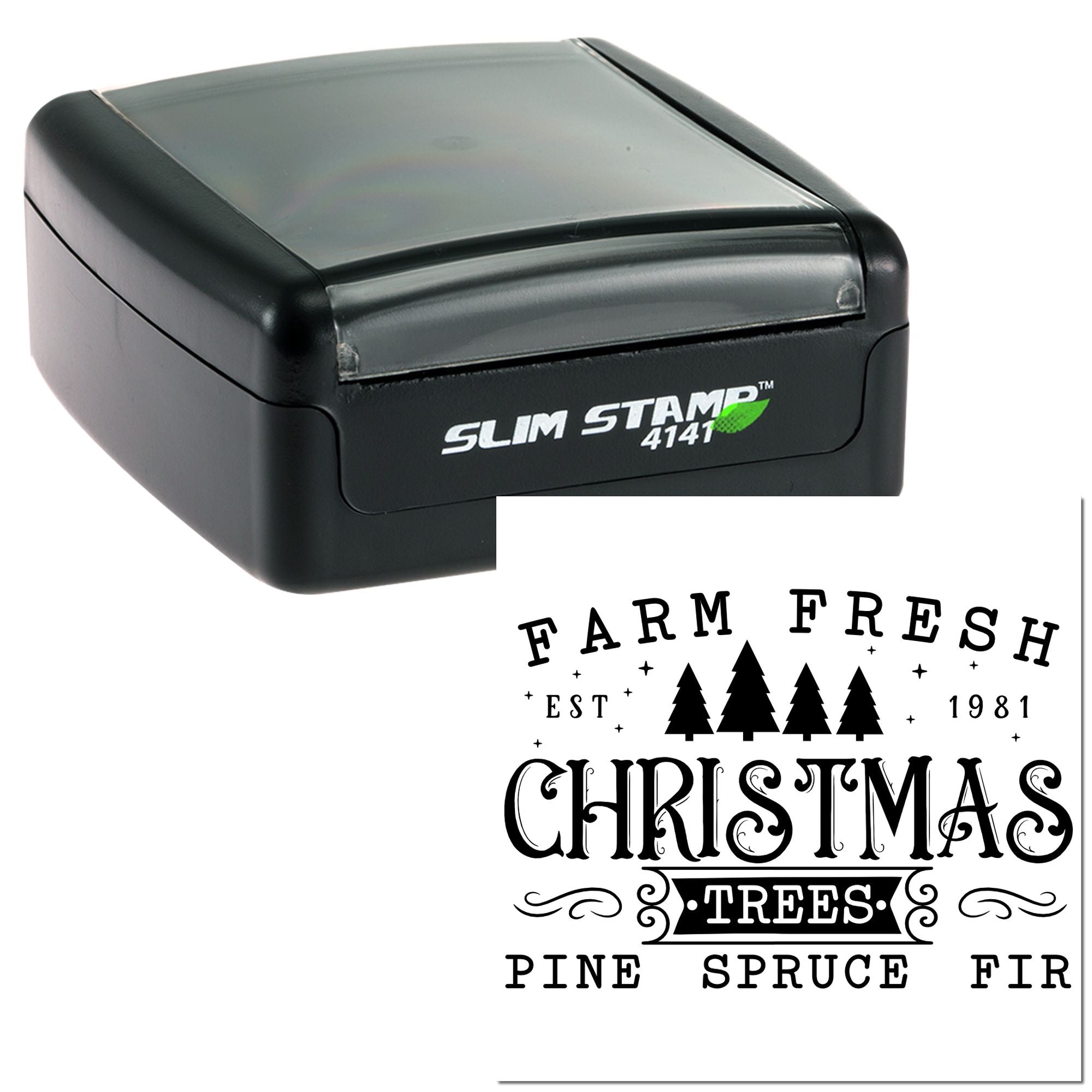 Custom self-inking rubber stamp for Farm Fresh Christmas Trees, featuring pine, spruce, and fir holiday branding.