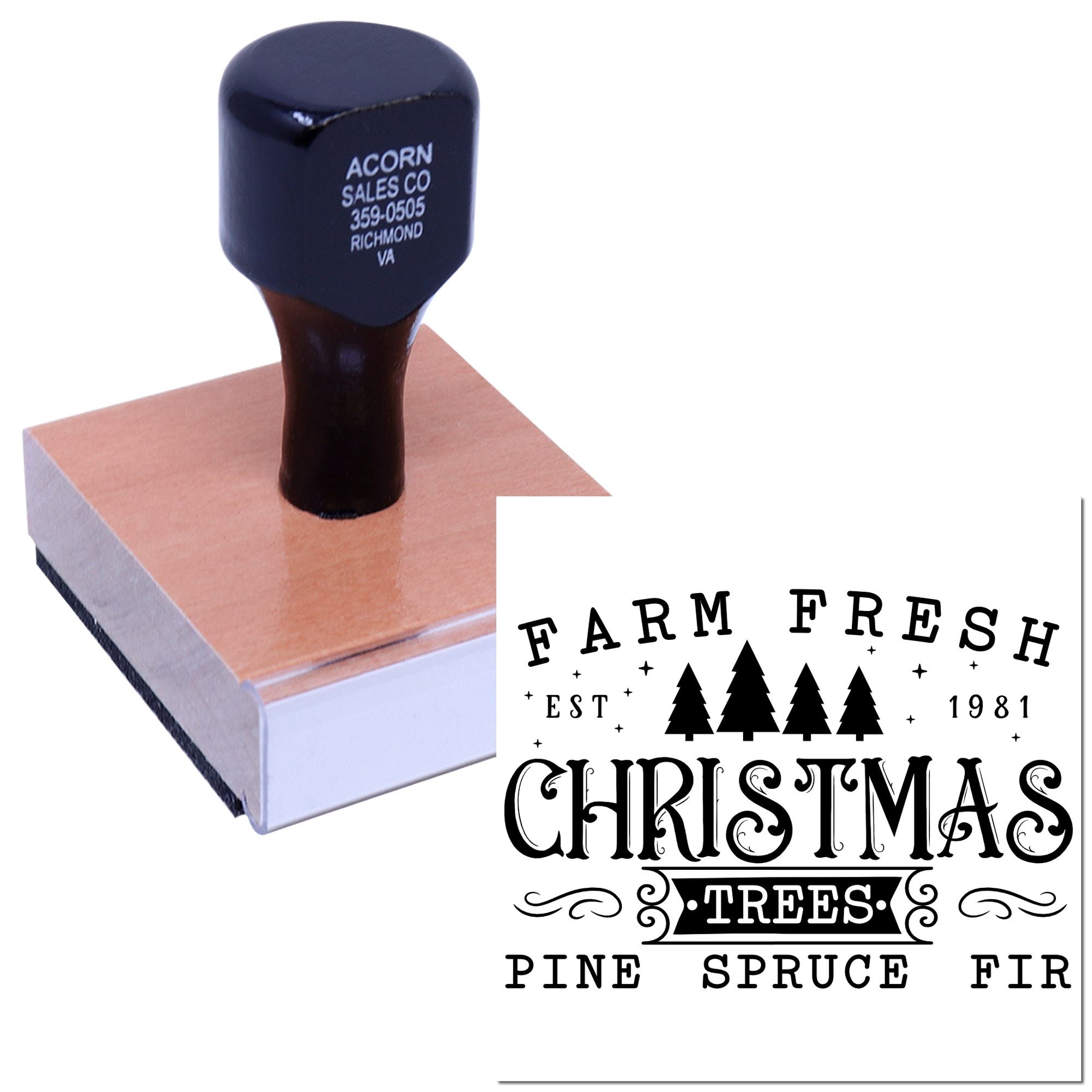 Custom rubber stamp with Farm Fresh Christmas Trees design, featuring pine, spruce and fir artwork for holiday branding.